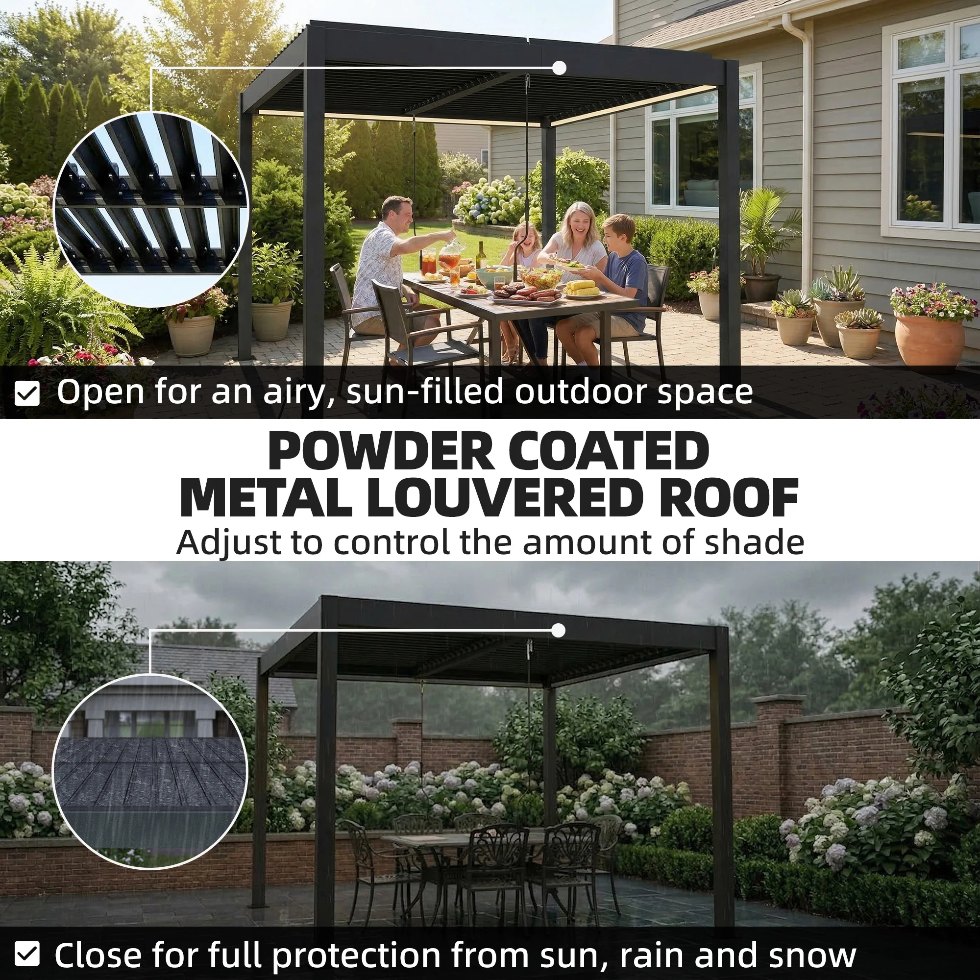 Louvered Pergola 3 x 3 m Dark Grey with Adjustable Roof, LED Lights & Remote - Image 6