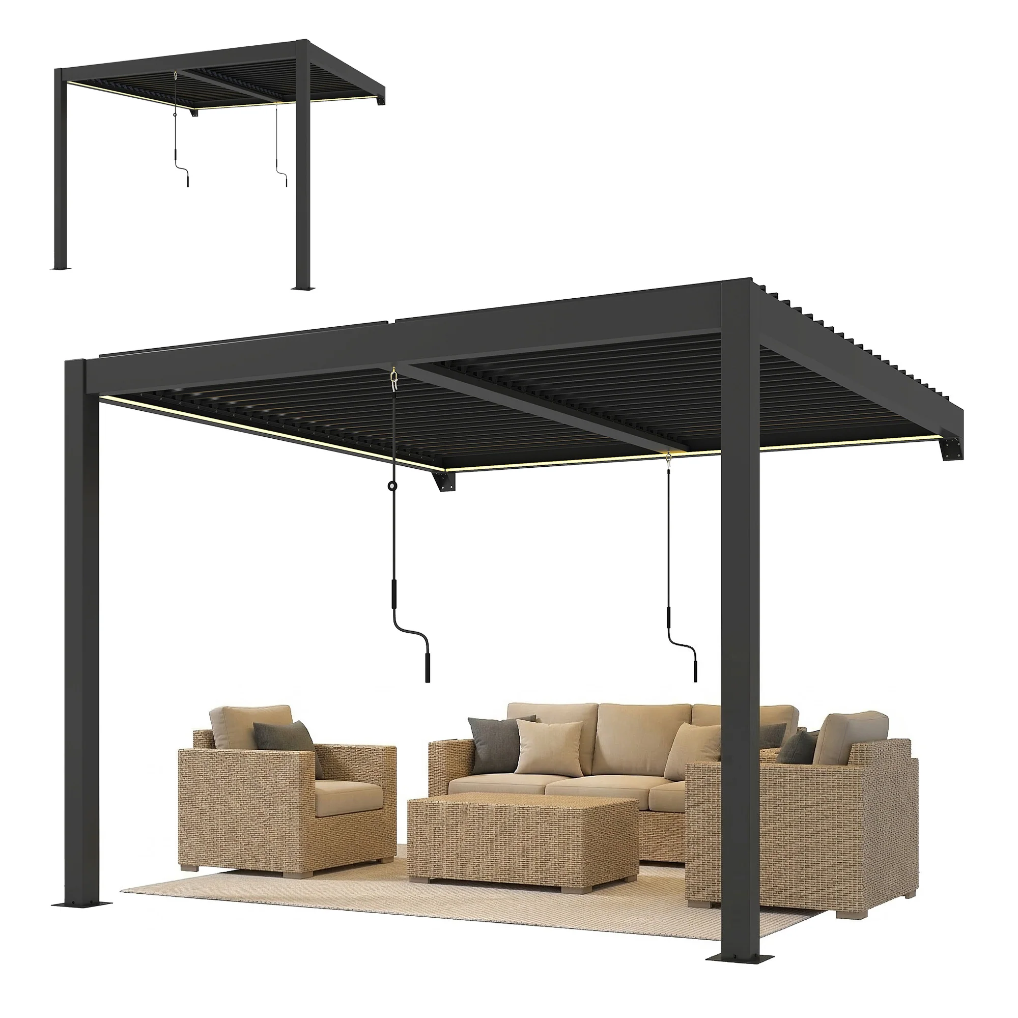 3 x 3 m Dark Grey Louvered Pergola with Adjustable Metal Roof, LED Lights - Image 2