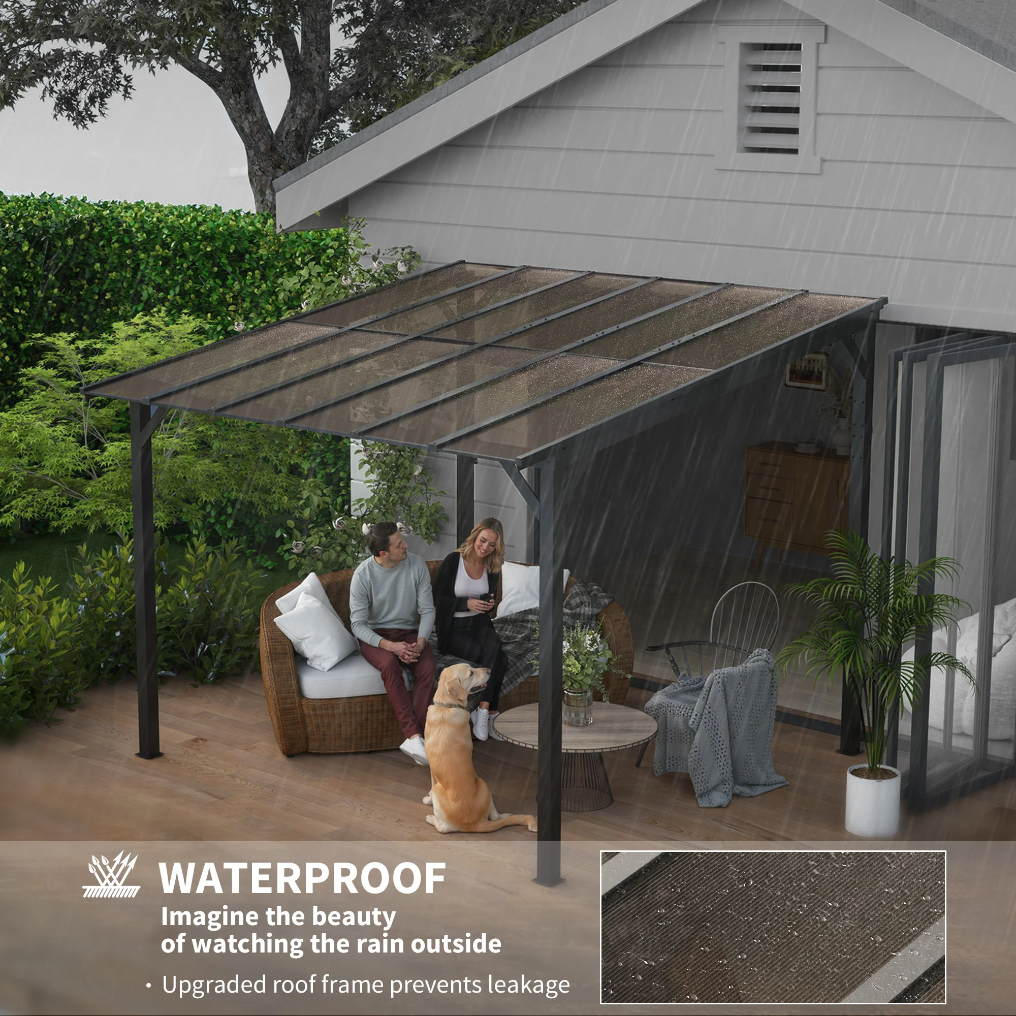 3 x 3m Metal Pergola with UPF 50+ and Waterproof Polycarbonate Roof, Dark Grey - Image 7