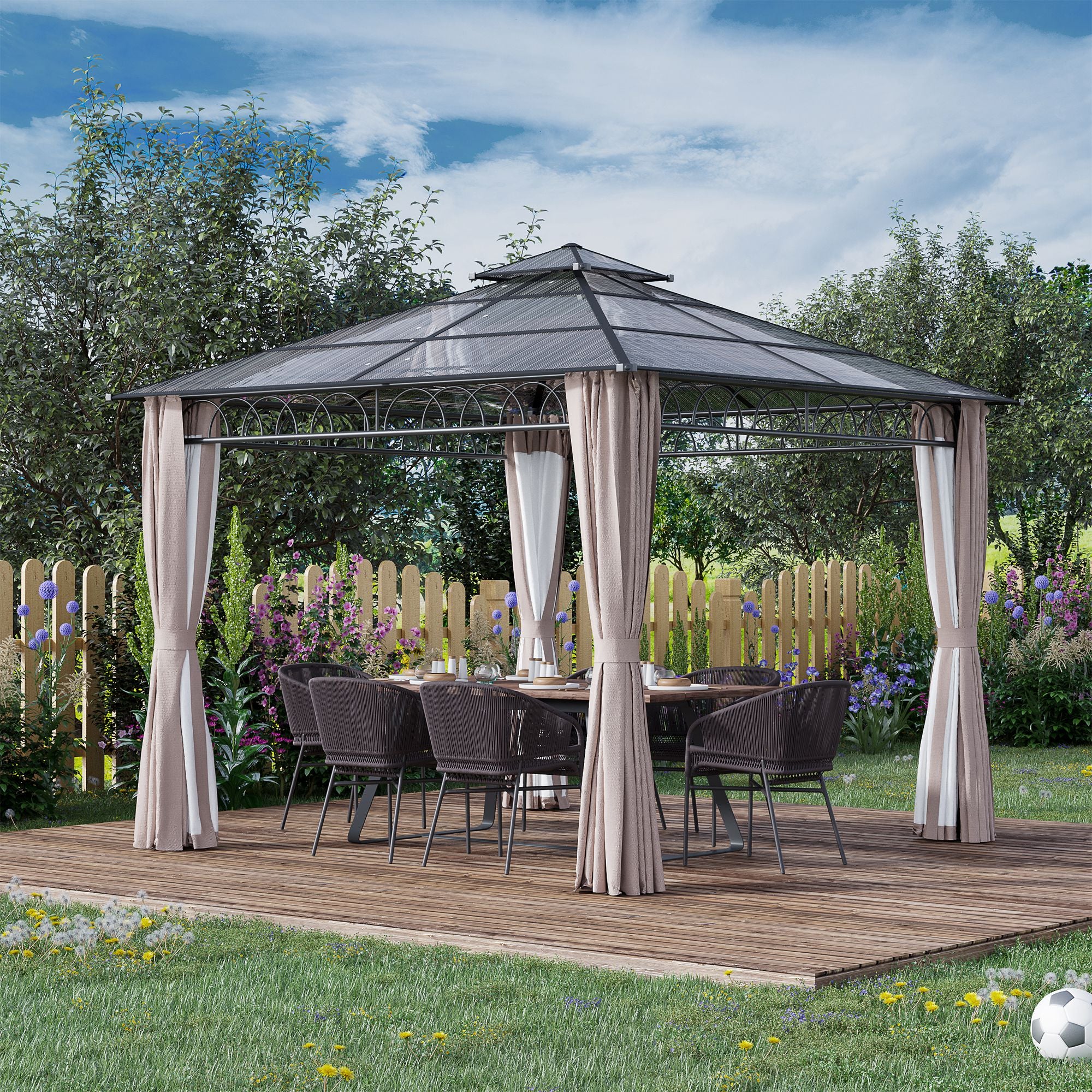 3 x 3m Polycarbonate Hardtop Gazebo with Curtains & Netting, Khaki - Image 3
