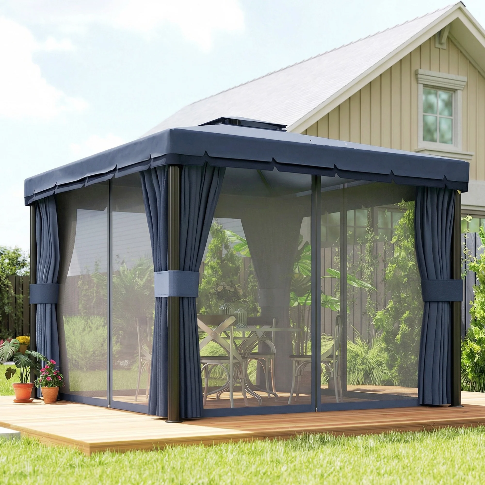 3 x 3 m Patio Gazebo with 2-Tier Roof, Netting & Curtains, Dark Blue - Image 10