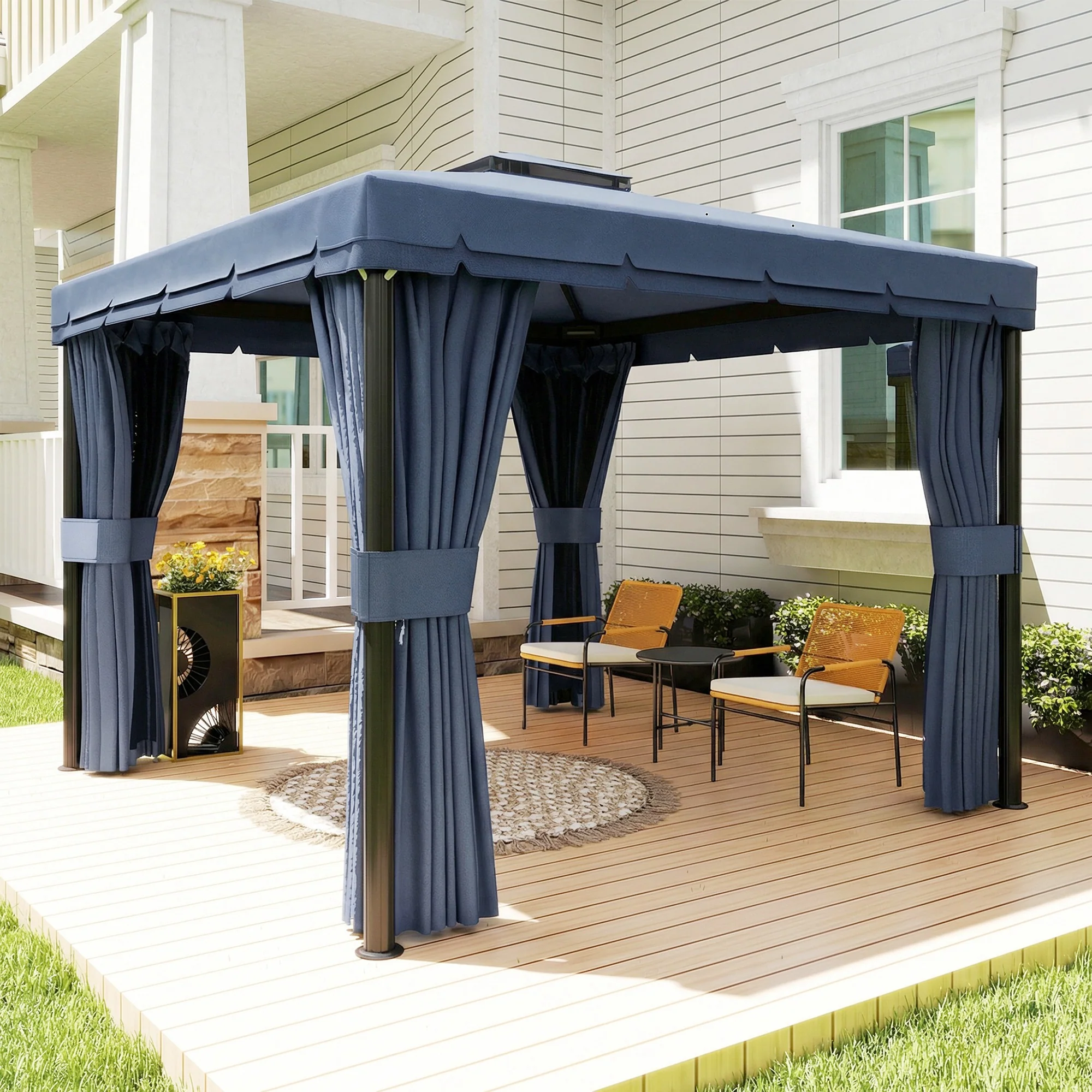 3 x 3 m Patio Gazebo with 2-Tier Roof, Netting & Curtains, Dark Blue - Image 11