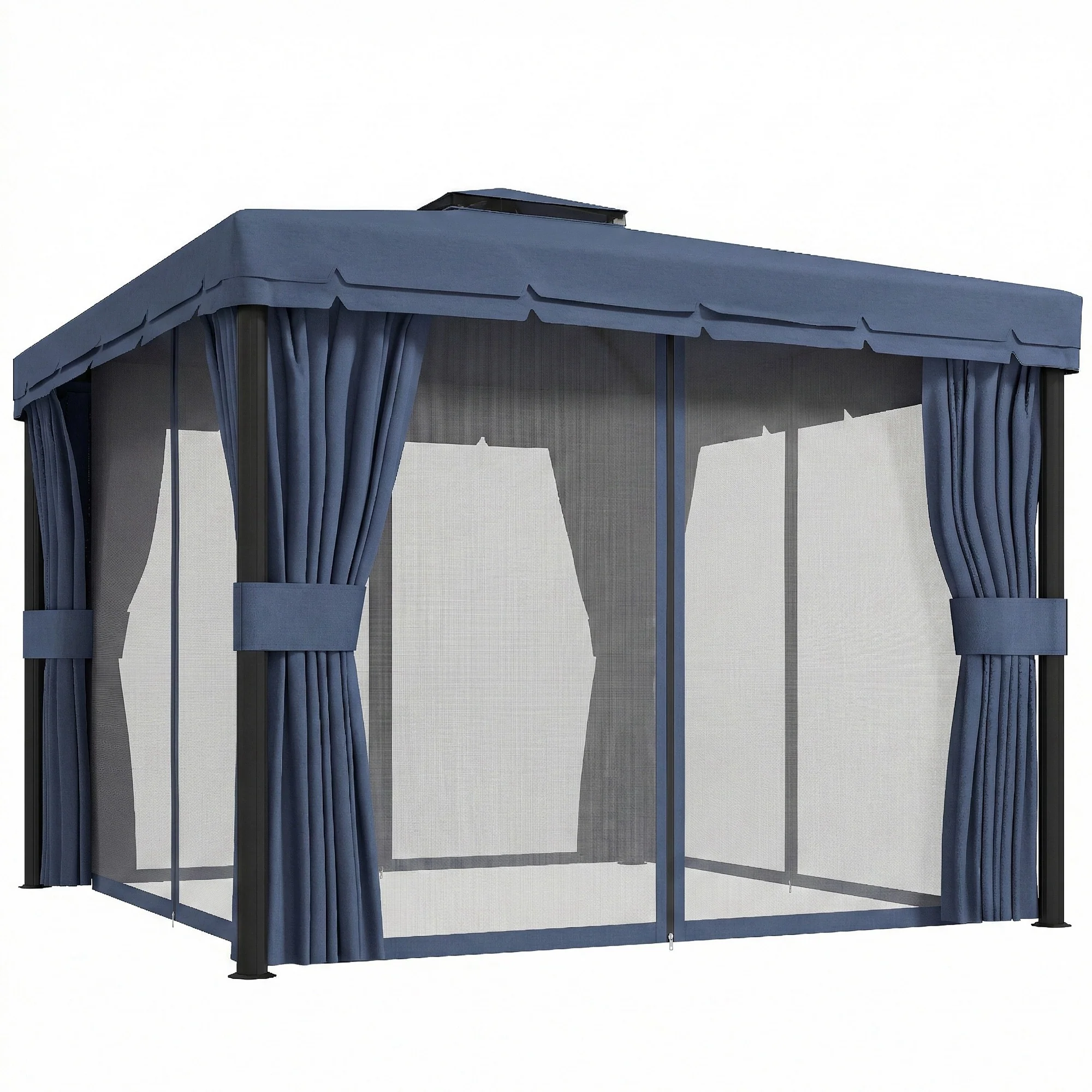 3 x 3 m Patio Gazebo with 2-Tier Roof, Netting & Curtains, Dark Blue - Image 12