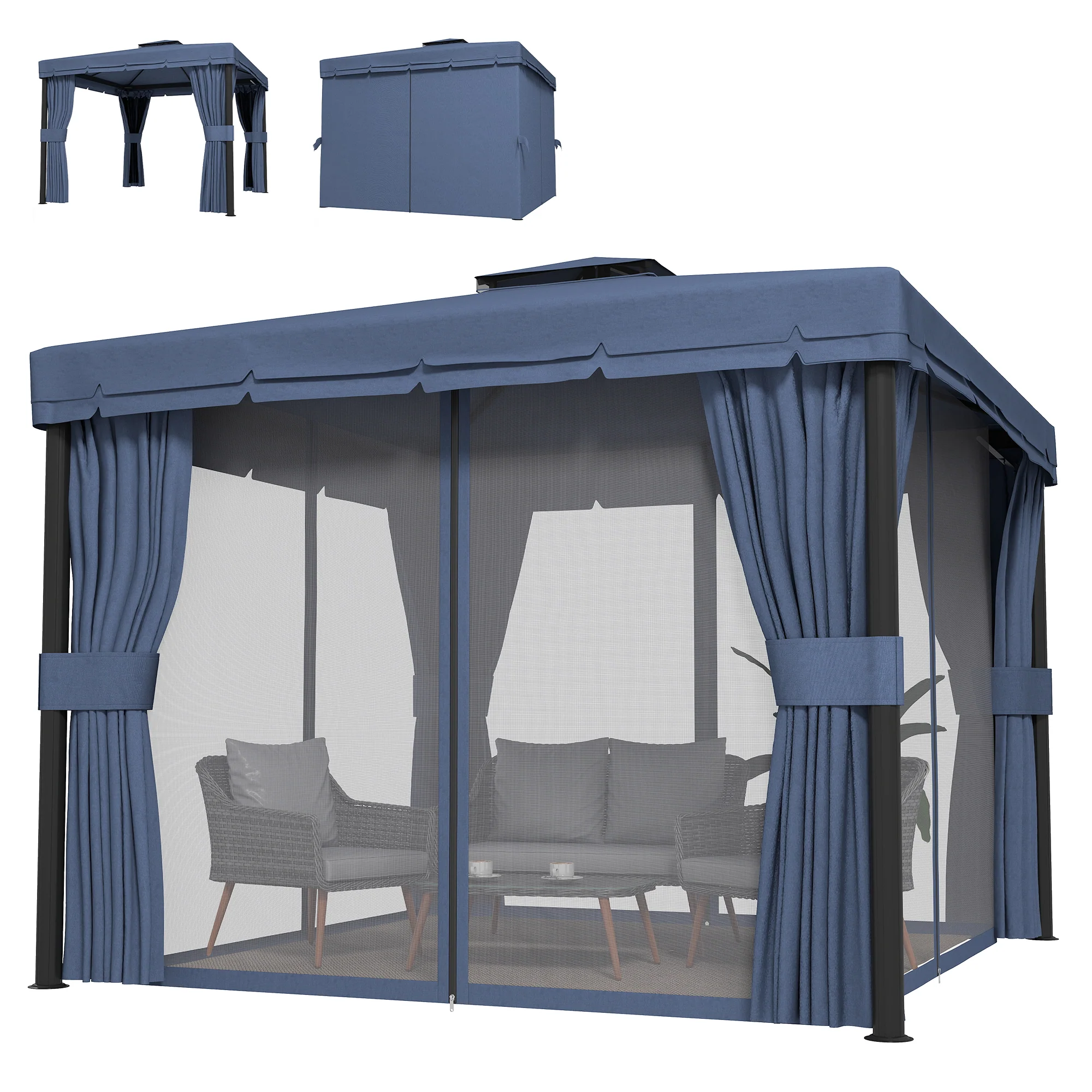 3 x 3 m Patio Gazebo with 2-Tier Roof, Netting & Curtains, Dark Blue - Image 2