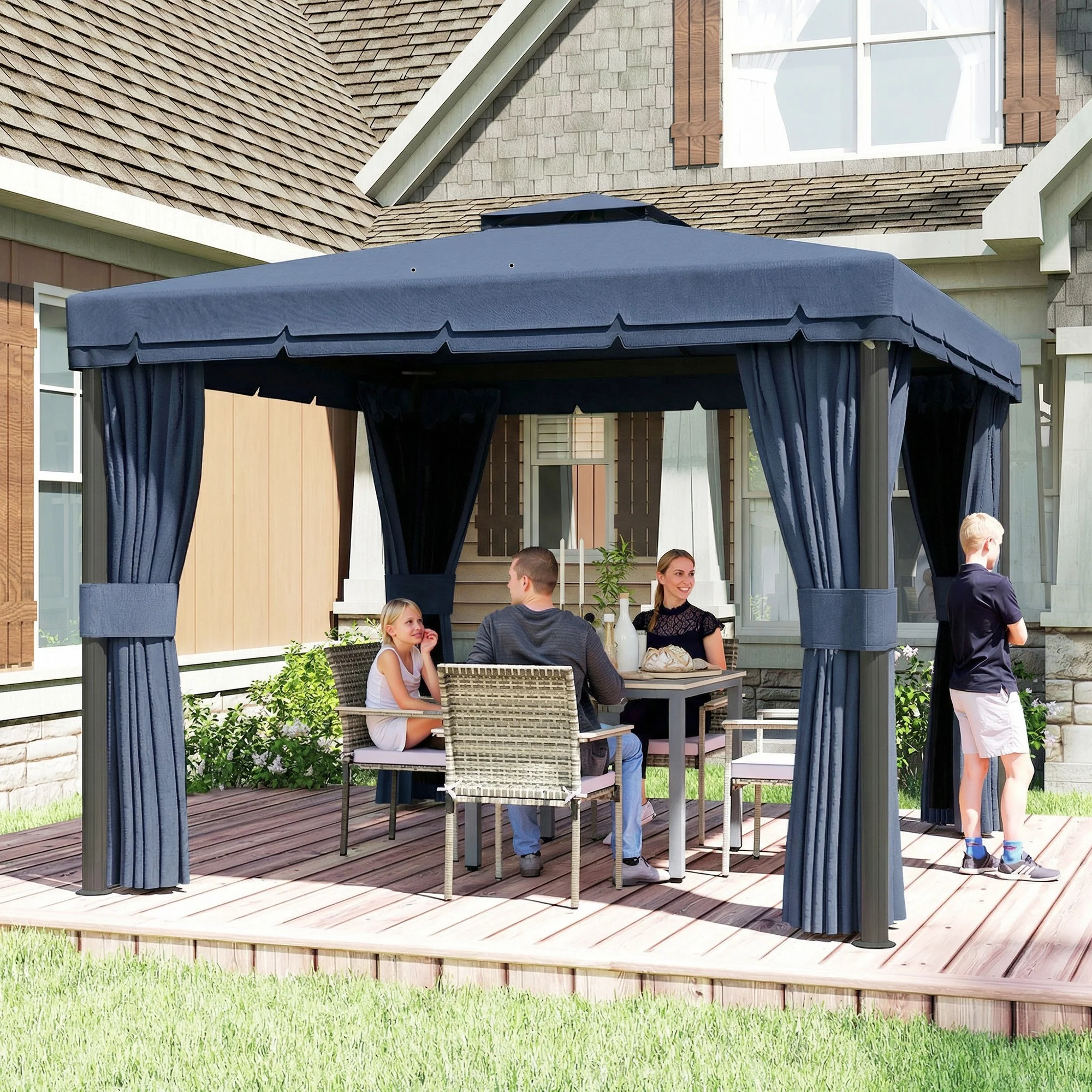 3 x 3 m Patio Gazebo with 2-Tier Roof, Netting & Curtains, Dark Blue - Image 3