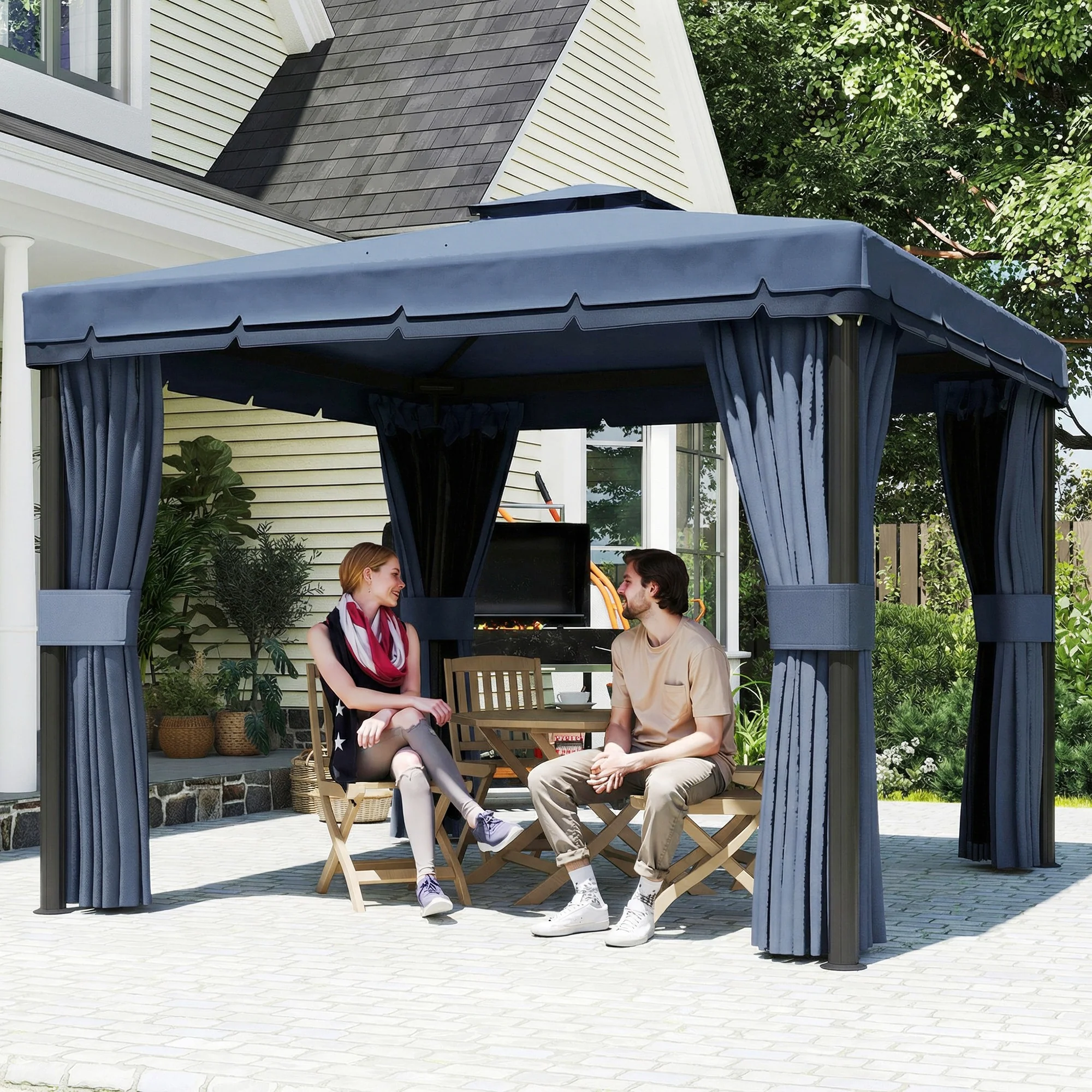 3 x 3 m Patio Gazebo with 2-Tier Roof, Netting & Curtains, Dark Blue - Image 4