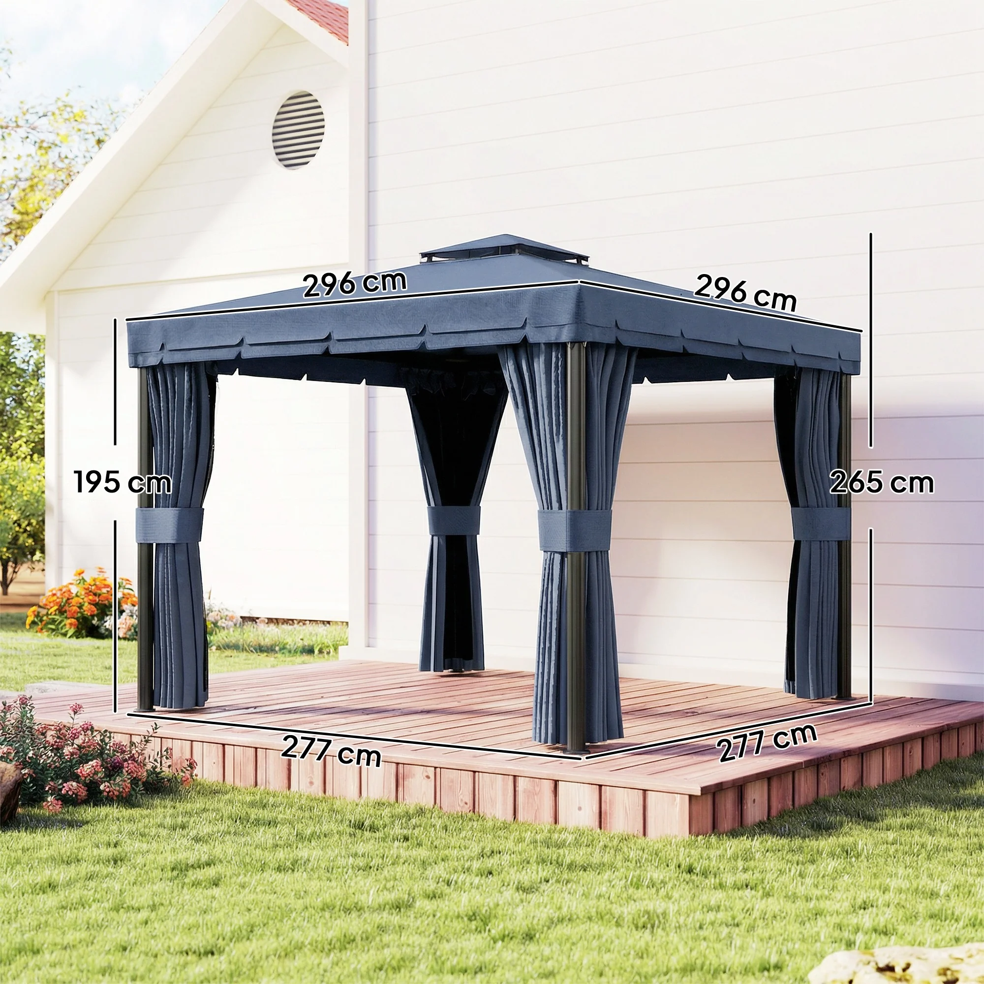 3 x 3 m Patio Gazebo with 2-Tier Roof, Netting & Curtains, Dark Blue - Image 5