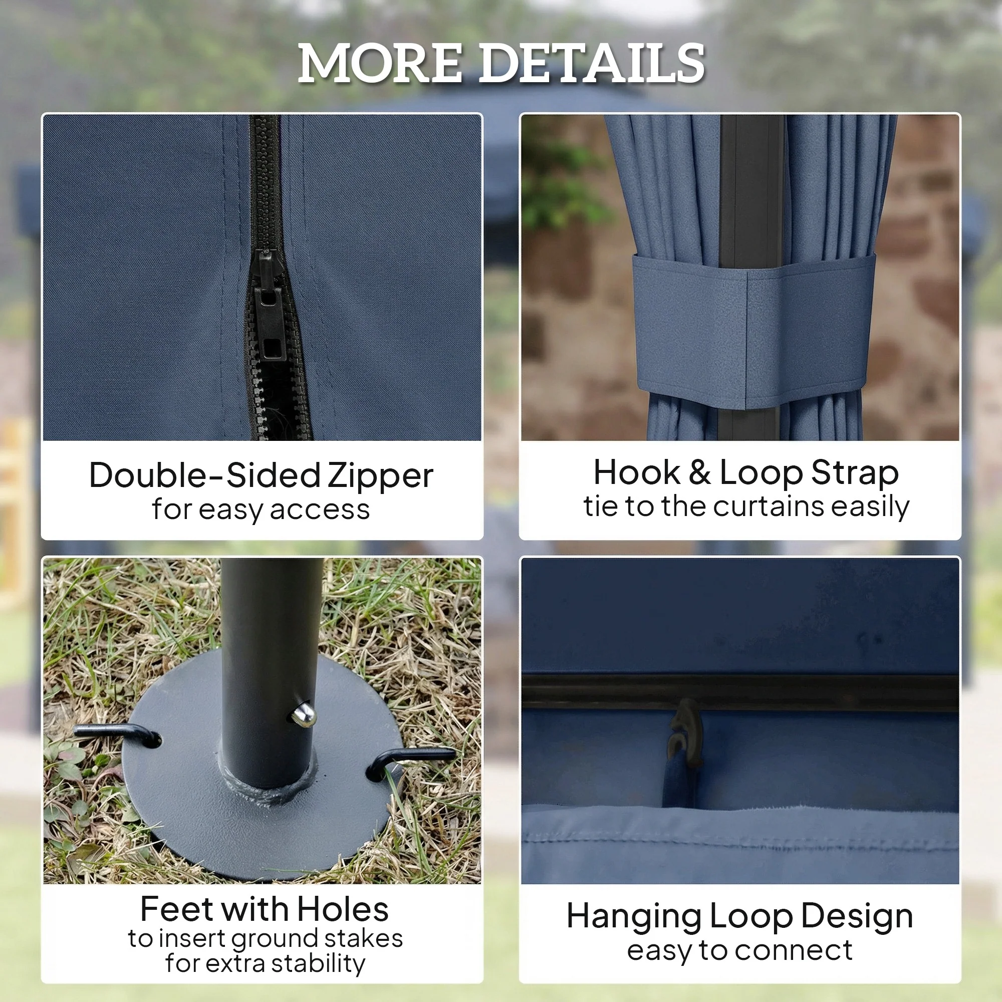 3 x 3 m Patio Gazebo with 2-Tier Roof, Netting & Curtains, Dark Blue - Image 7