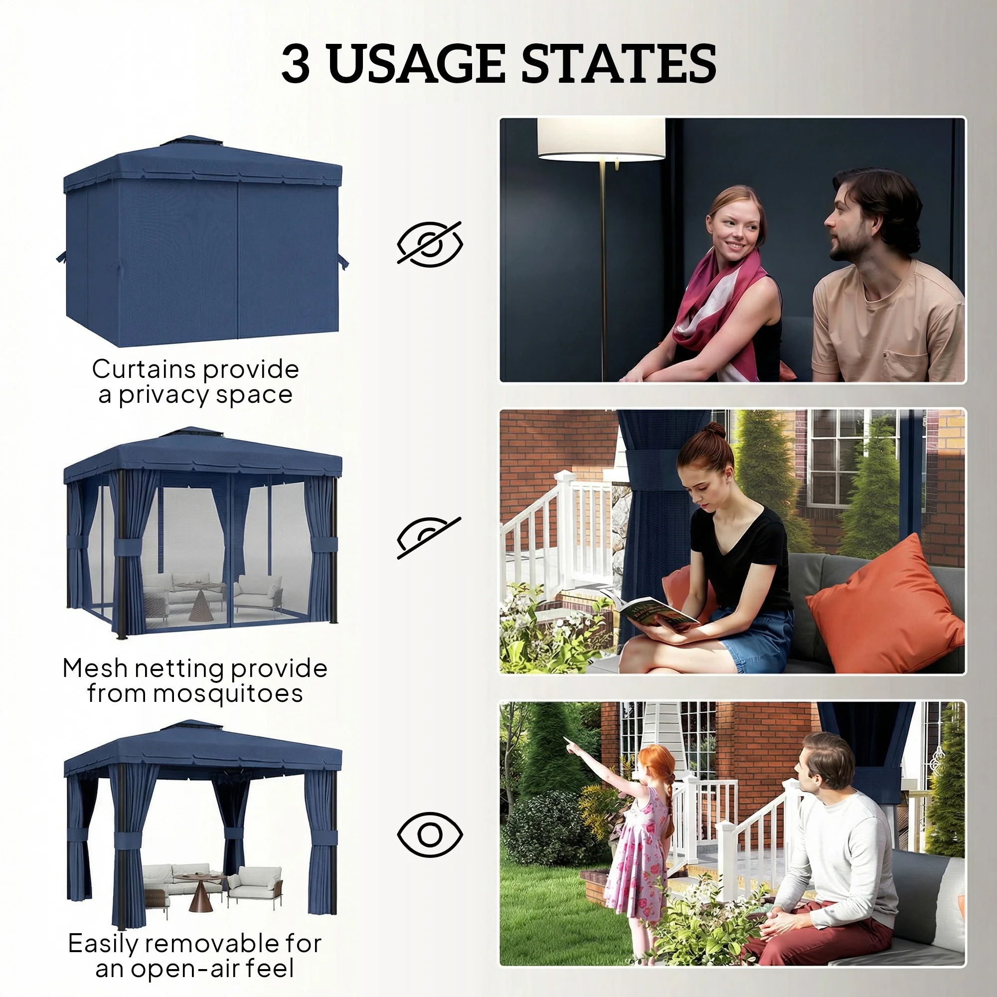 3 x 3 m Patio Gazebo with 2-Tier Roof, Netting & Curtains, Dark Blue - Image 8