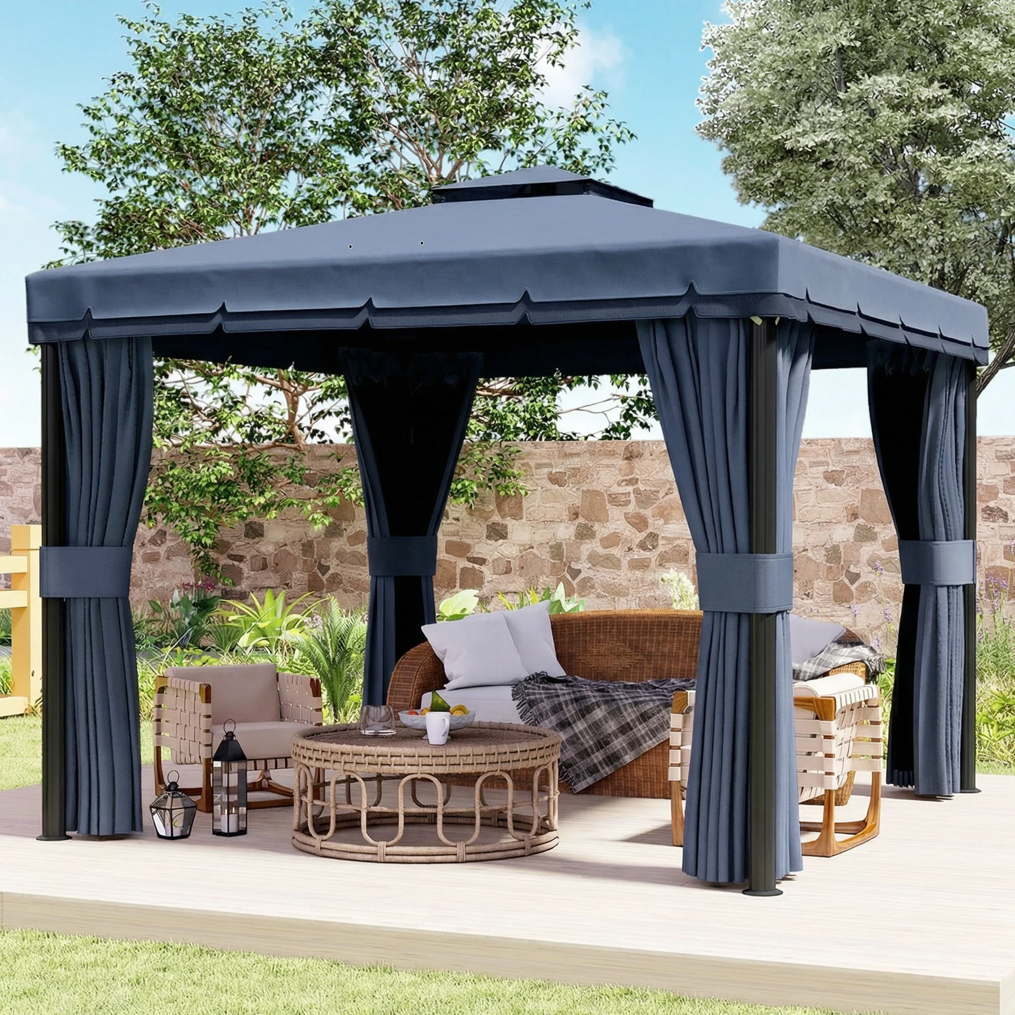 3 x 3 m Patio Gazebo with 2-Tier Roof, Netting & Curtains, Dark Blue - Image 9