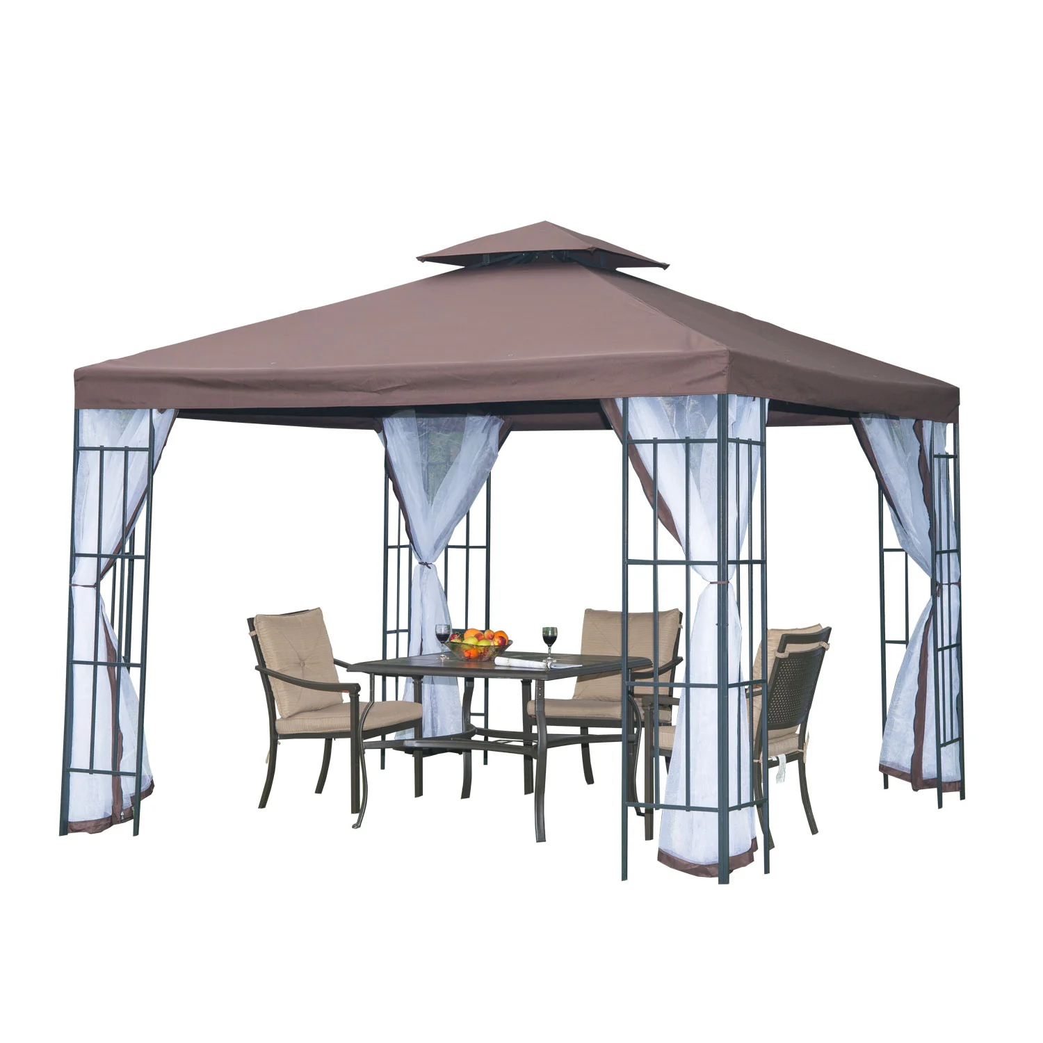 3 x 3m Patio Gazebo with 2 Tier Roof & Mosquito Netting, Coffee - Image 2