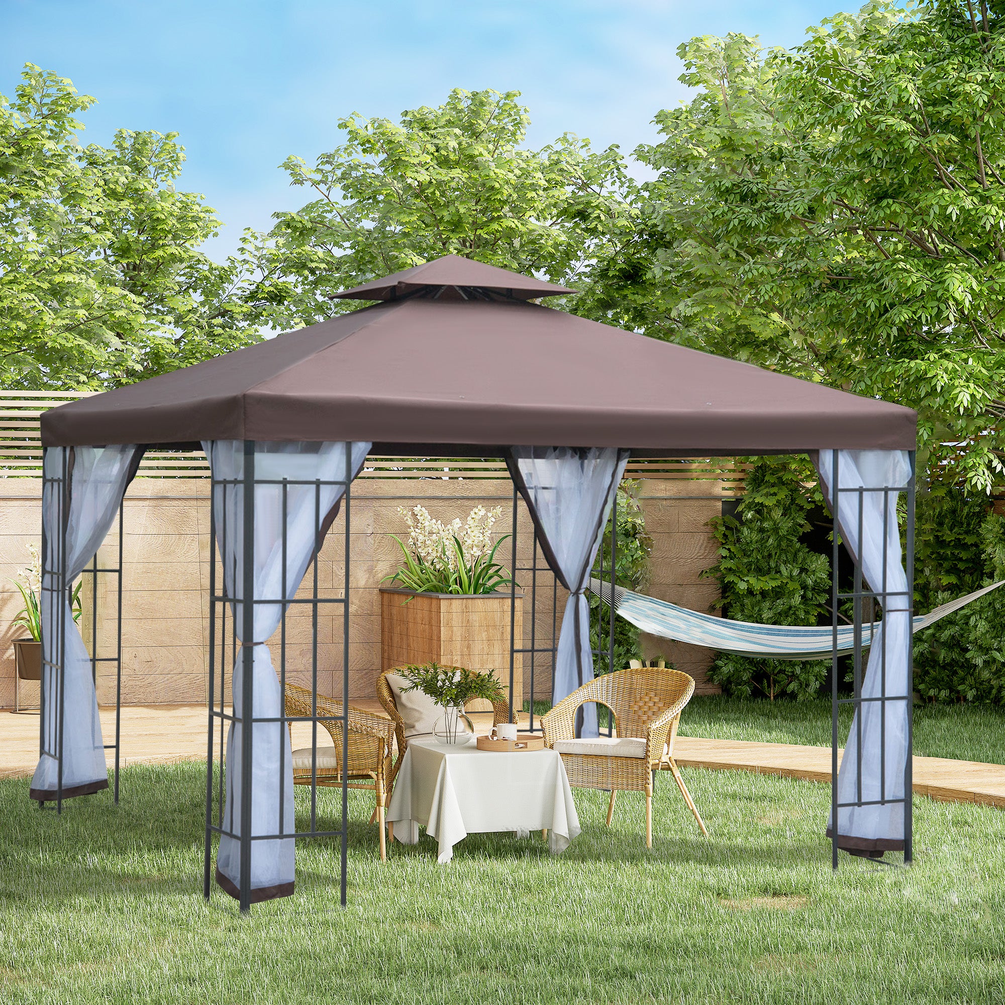 3 x 3m Patio Gazebo with 2 Tier Roof & Mosquito Netting, Coffee - Image 3
