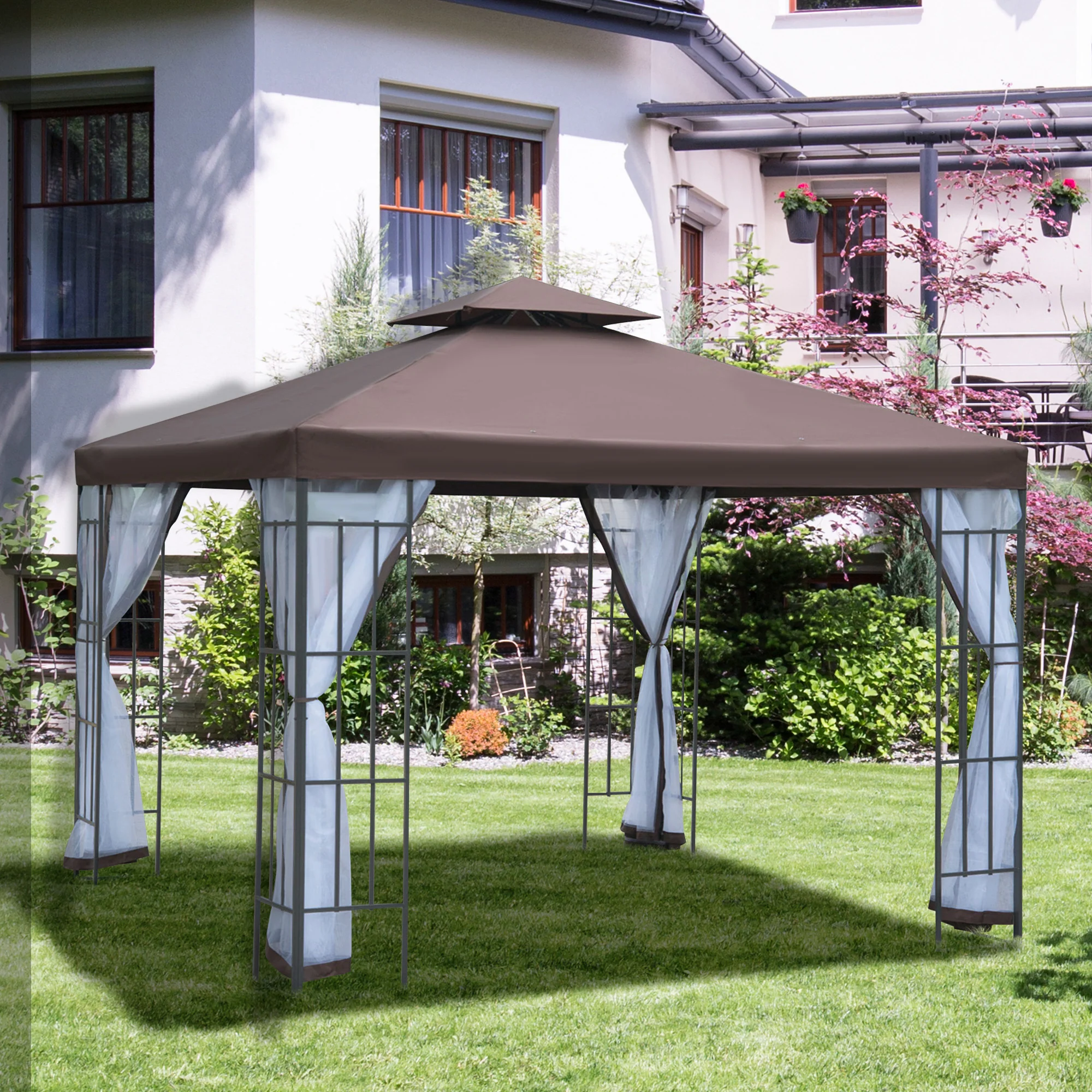 3 x 3m Patio Gazebo with 2 Tier Roof & Mosquito Netting, Coffee - Image 4