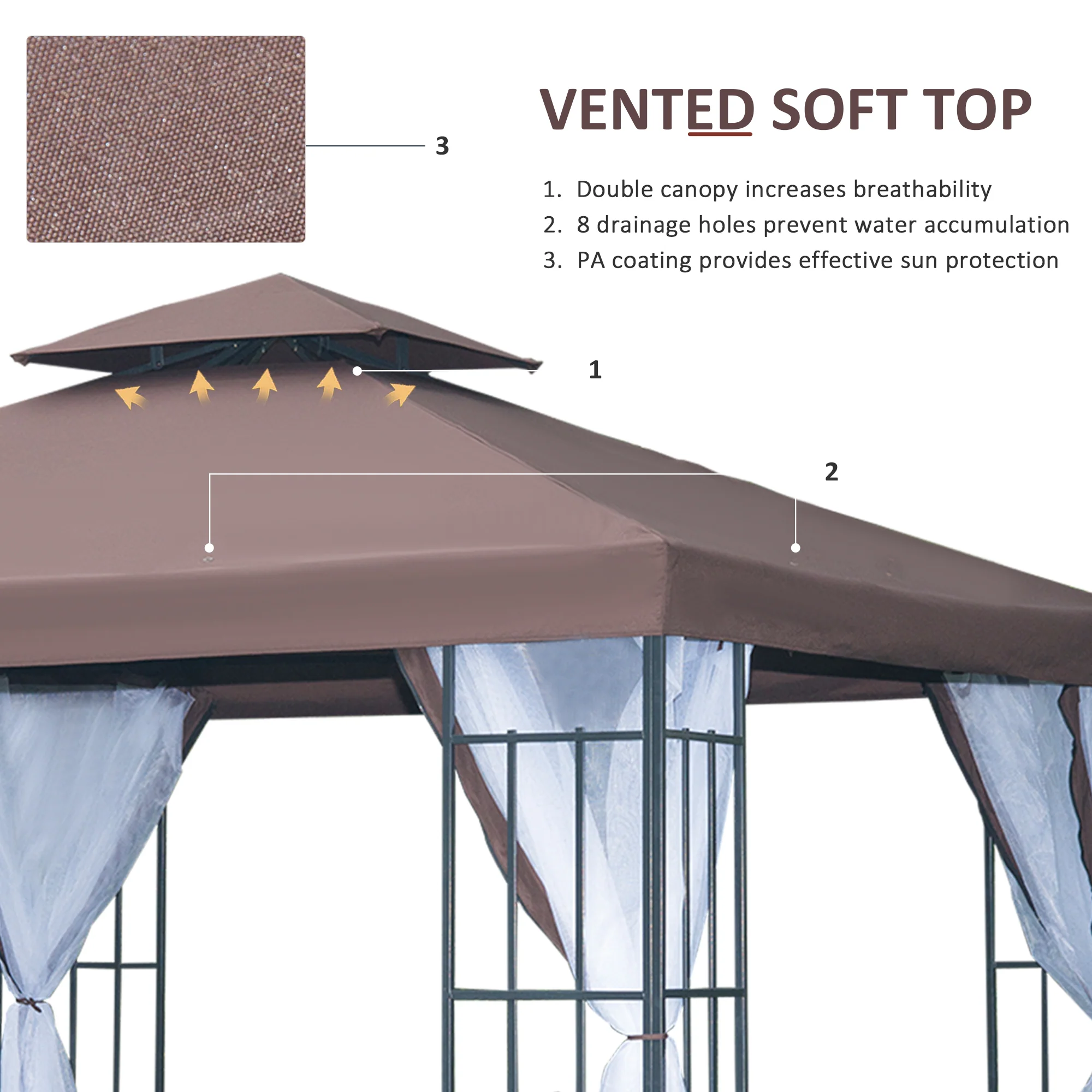 3 x 3m Patio Gazebo with 2 Tier Roof & Mosquito Netting, Coffee - Image 6