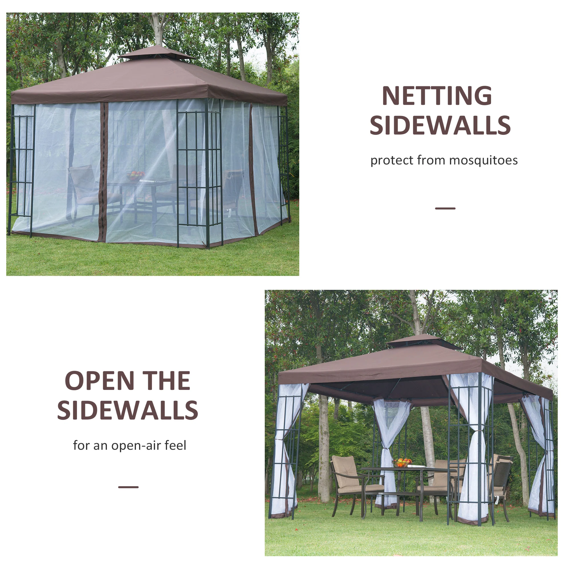 3 x 3m Patio Gazebo with 2 Tier Roof & Mosquito Netting, Coffee - Image 8