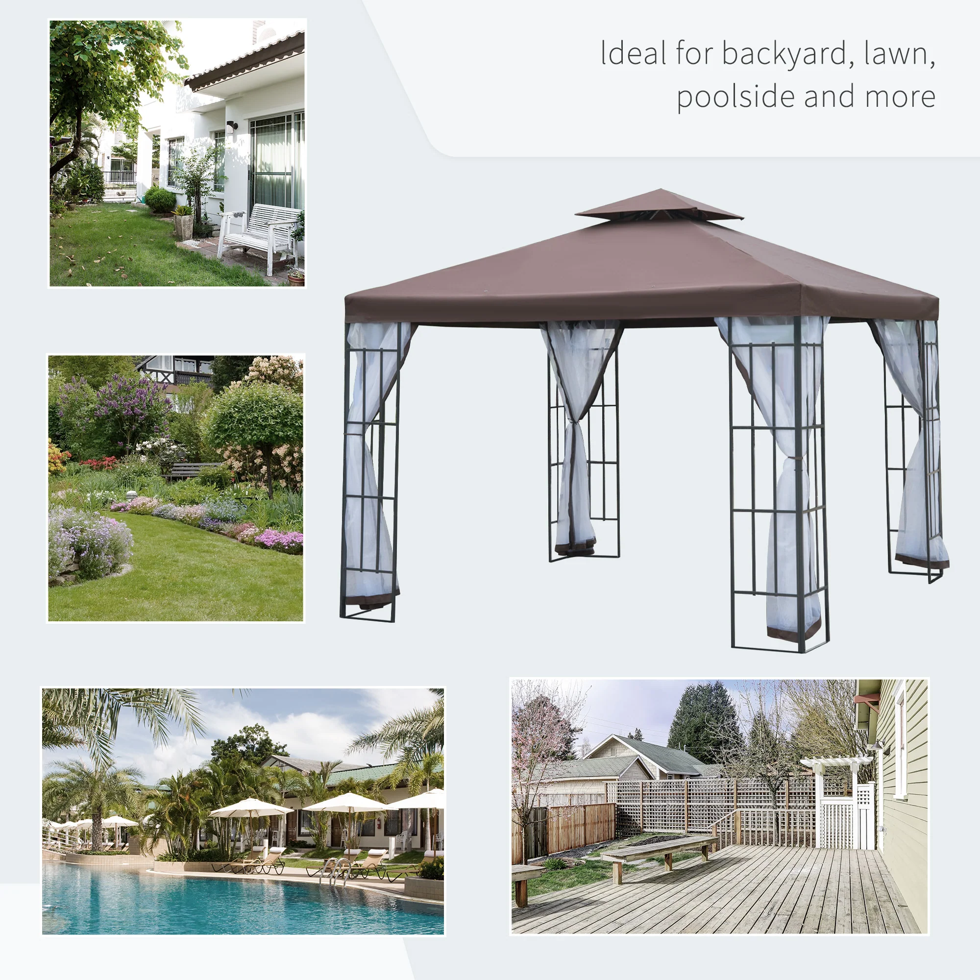 3 x 3m Patio Gazebo with 2 Tier Roof & Mosquito Netting, Coffee - Image 9