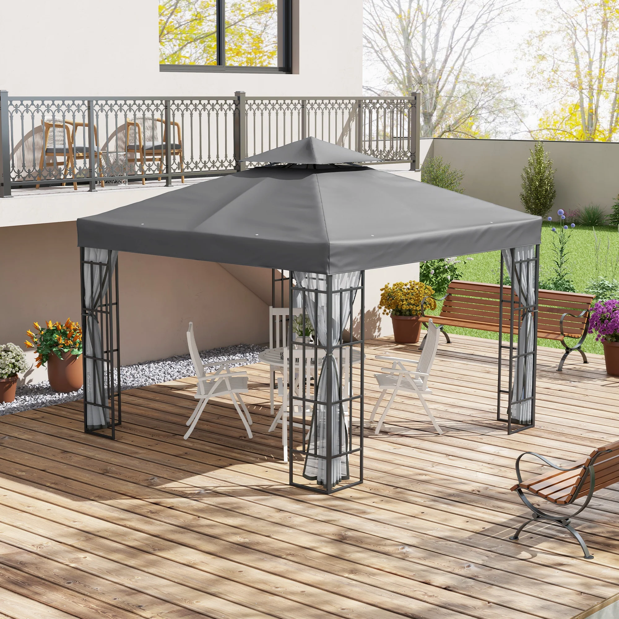 3 x 3m Patio Gazebo with 2 Tier Roof & Mosquito Netting, Grey - Image 3