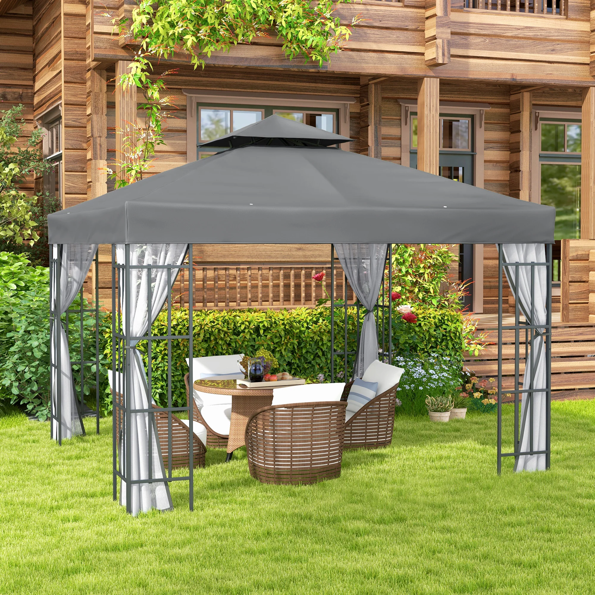 3 x 3m Patio Gazebo with 2 Tier Roof & Mosquito Netting, Grey - Image 4