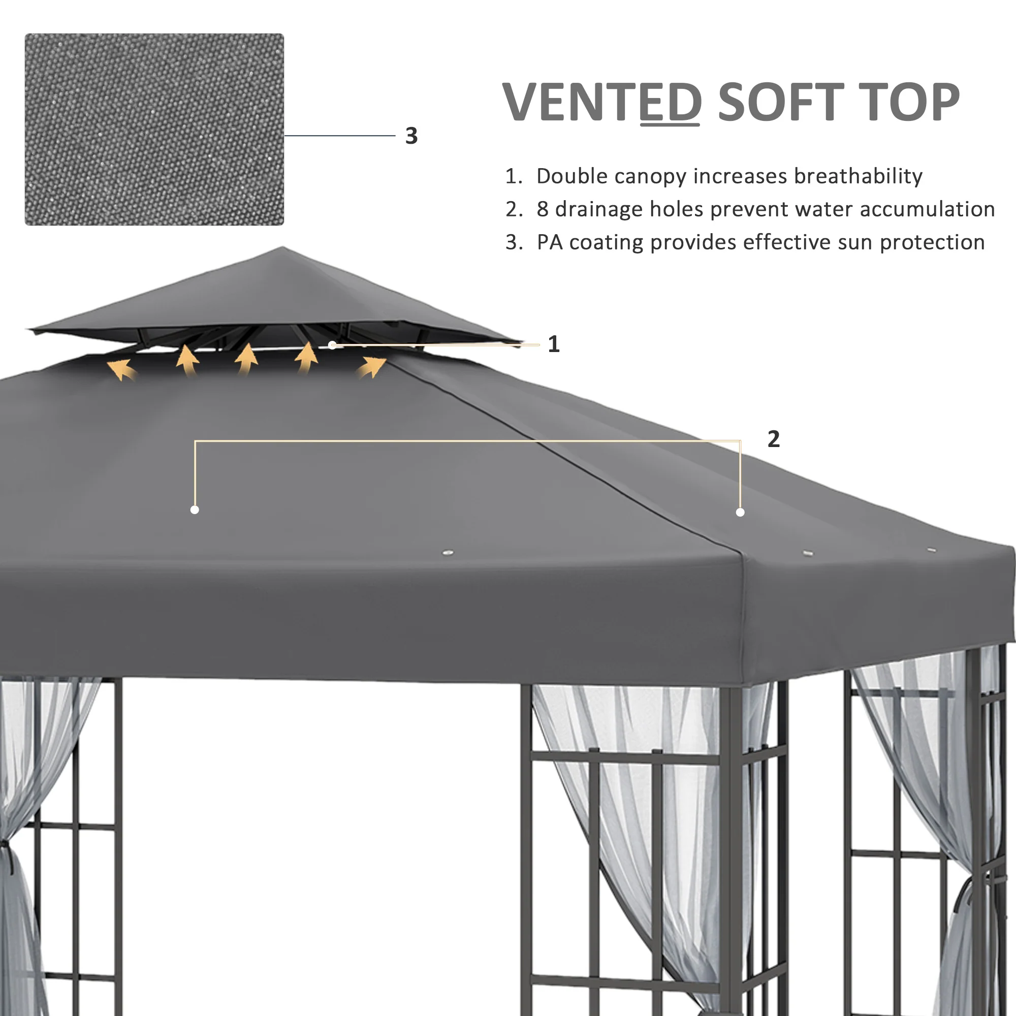 3 x 3m Patio Gazebo with 2 Tier Roof & Mosquito Netting, Grey - Image 6