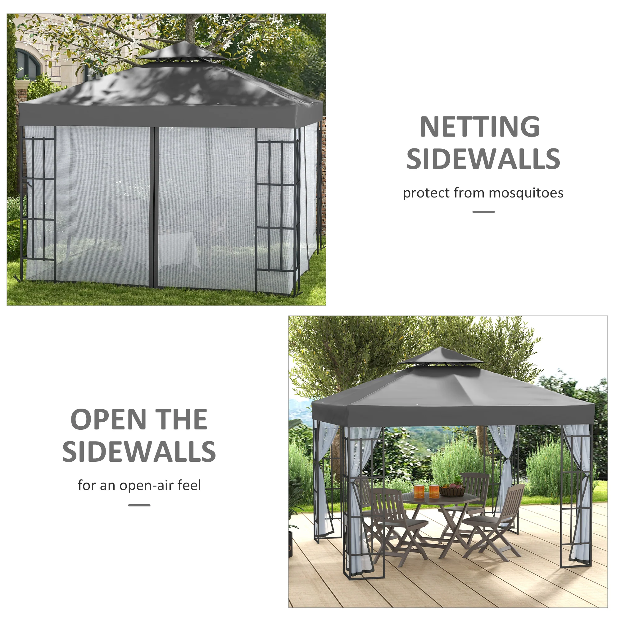 3 x 3m Patio Gazebo with 2 Tier Roof & Mosquito Netting, Grey - Image 8