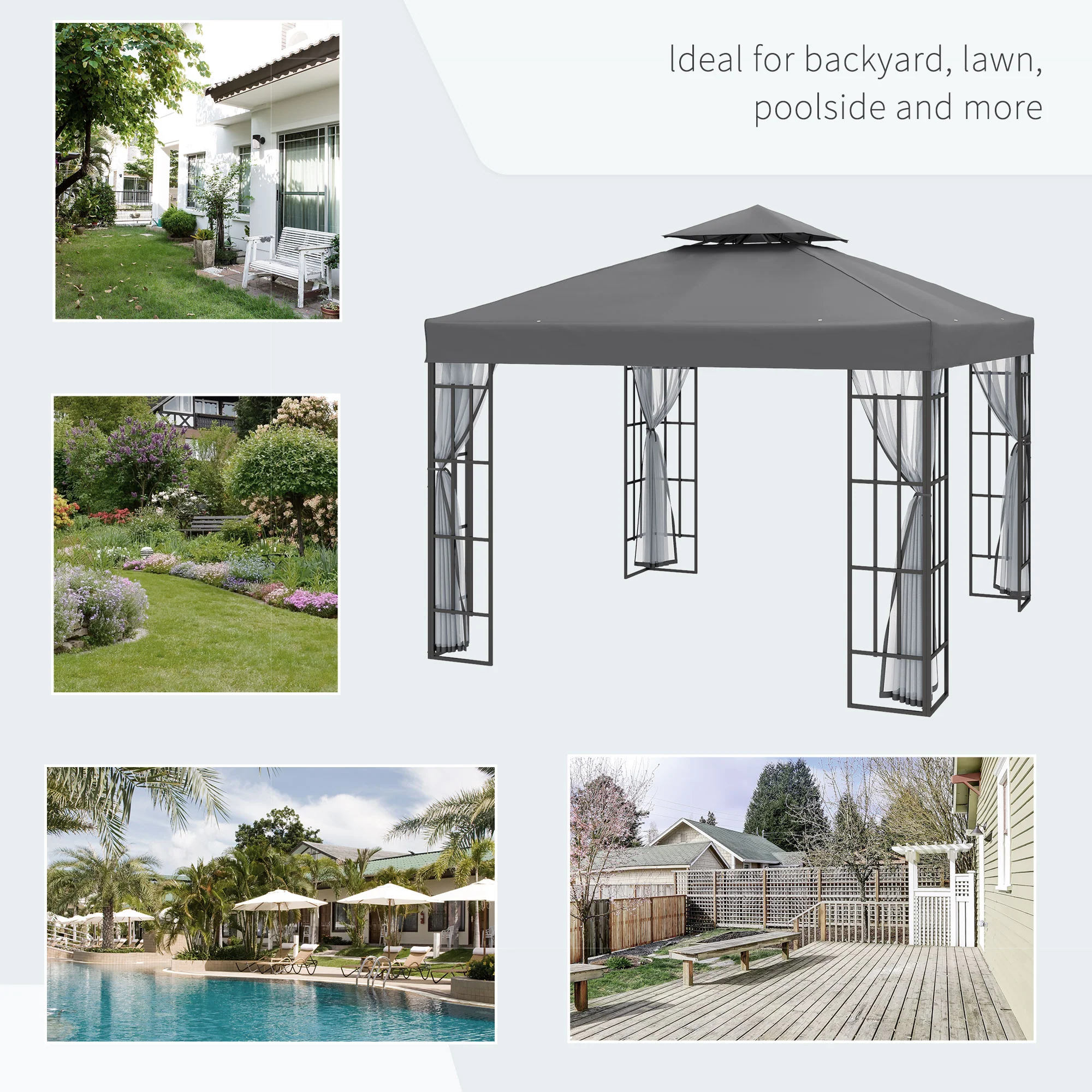 3 x 3m Patio Gazebo with 2 Tier Roof & Mosquito Netting, Grey - Image 9