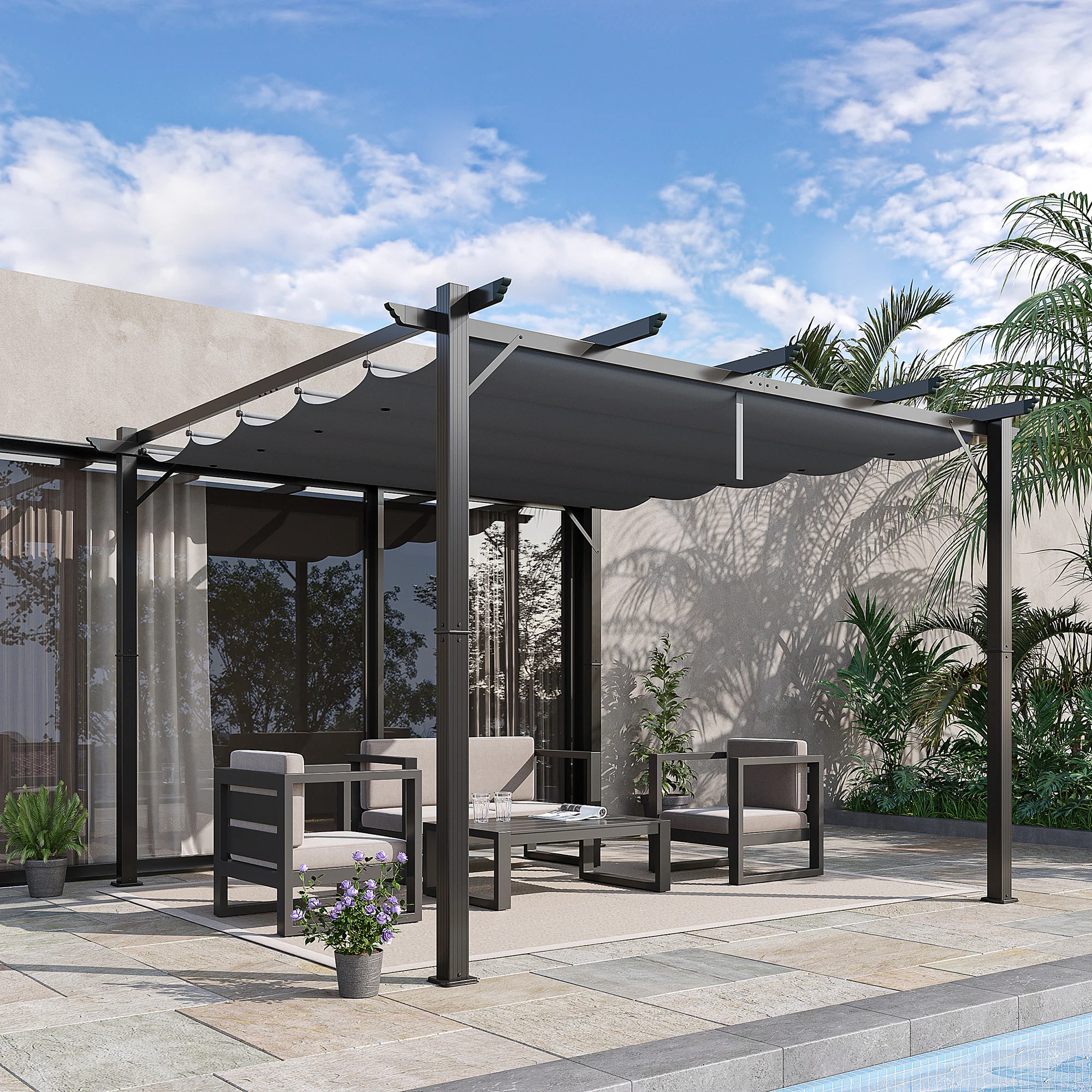 3 x 3m Pergola with Retractable Roof & Aluminium Frame, Dark Grey - Image 3