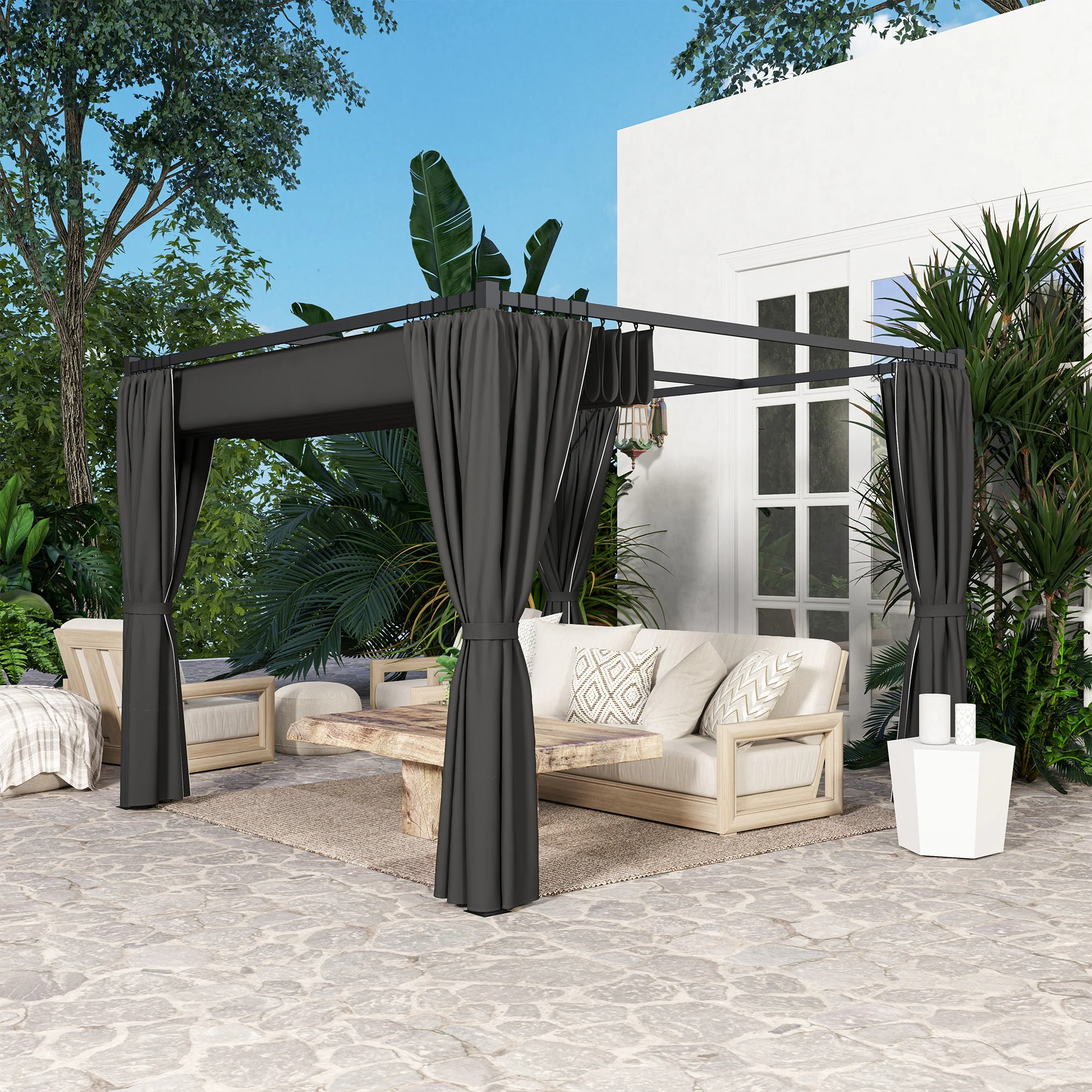3 x 3m Meta Pergola with Retractable Roof Canopy & Curtains for Patio, Deck, Charcoal Grey - Image 11