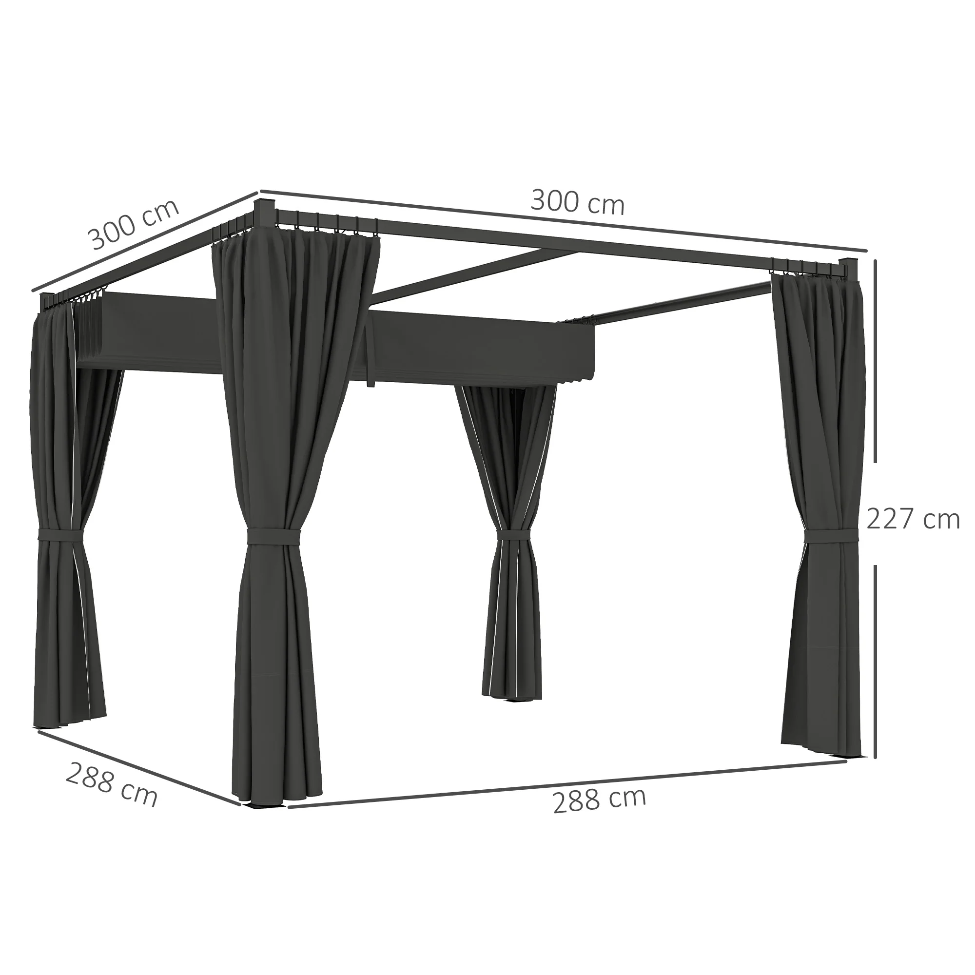 3 x 3m Meta Pergola with Retractable Roof Canopy & Curtains for Patio, Deck, Charcoal Grey - Image 5