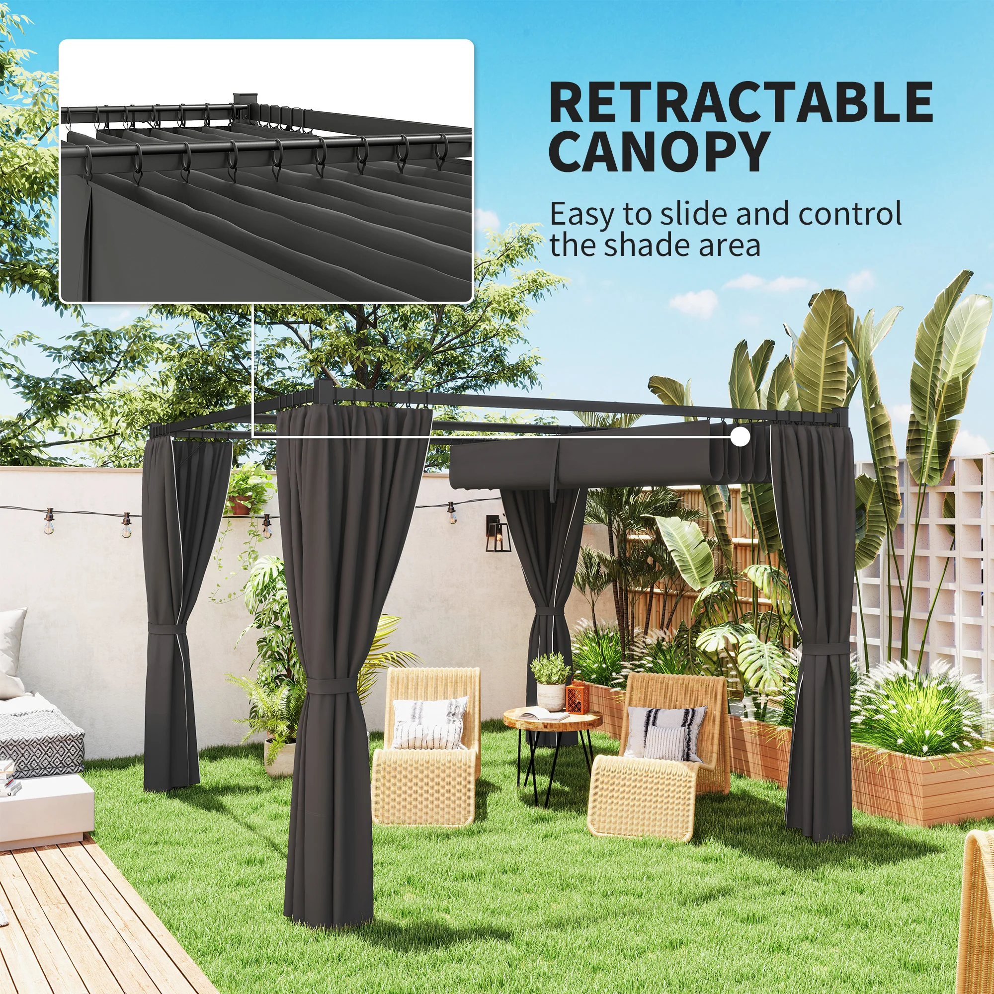 3 x 3m Meta Pergola with Retractable Roof Canopy & Curtains for Patio, Deck, Charcoal Grey - Image 6