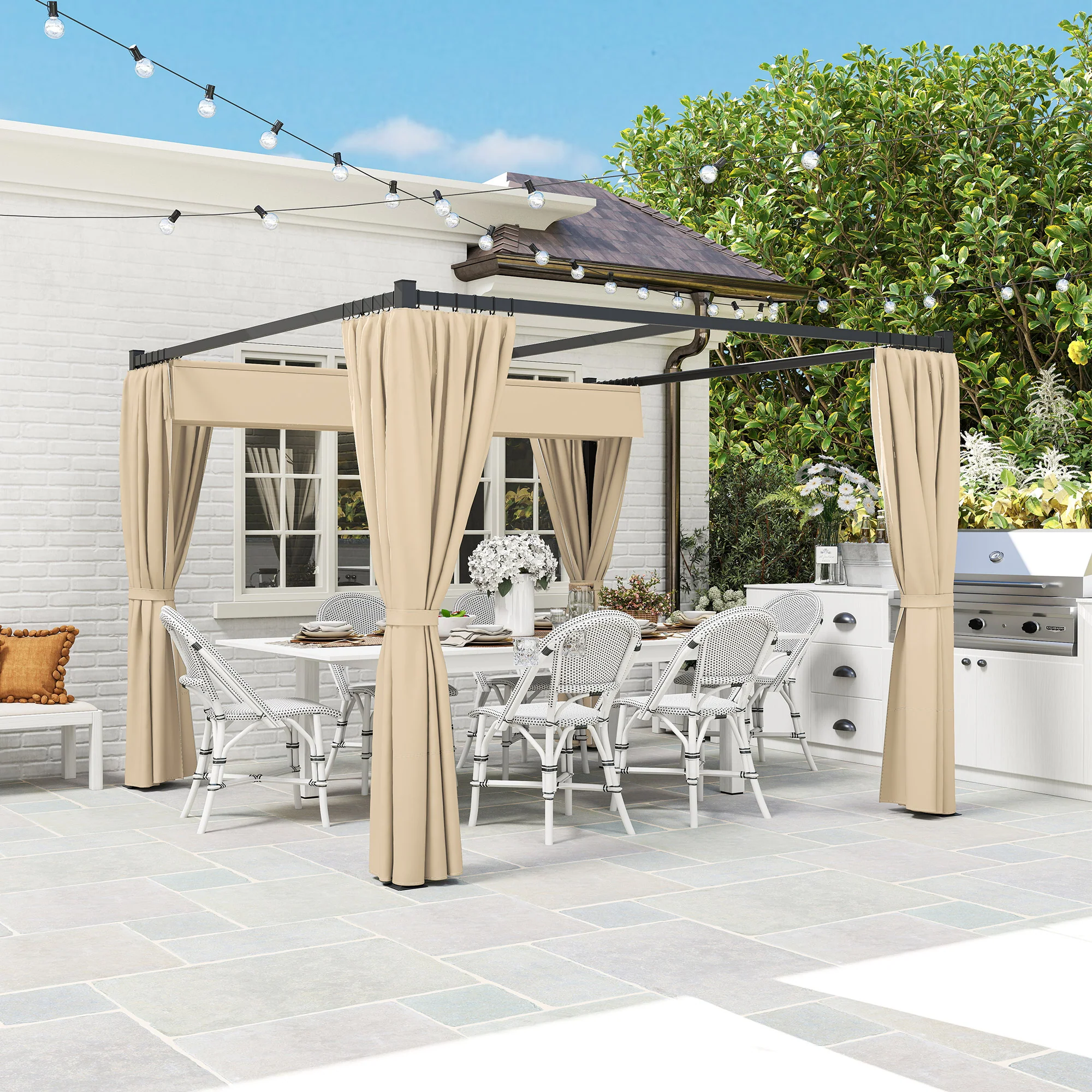 3 x 3m Meta Pergola with Retractable Roof Canopy & Curtains for Patio, Deck, Khaki - Image 10
