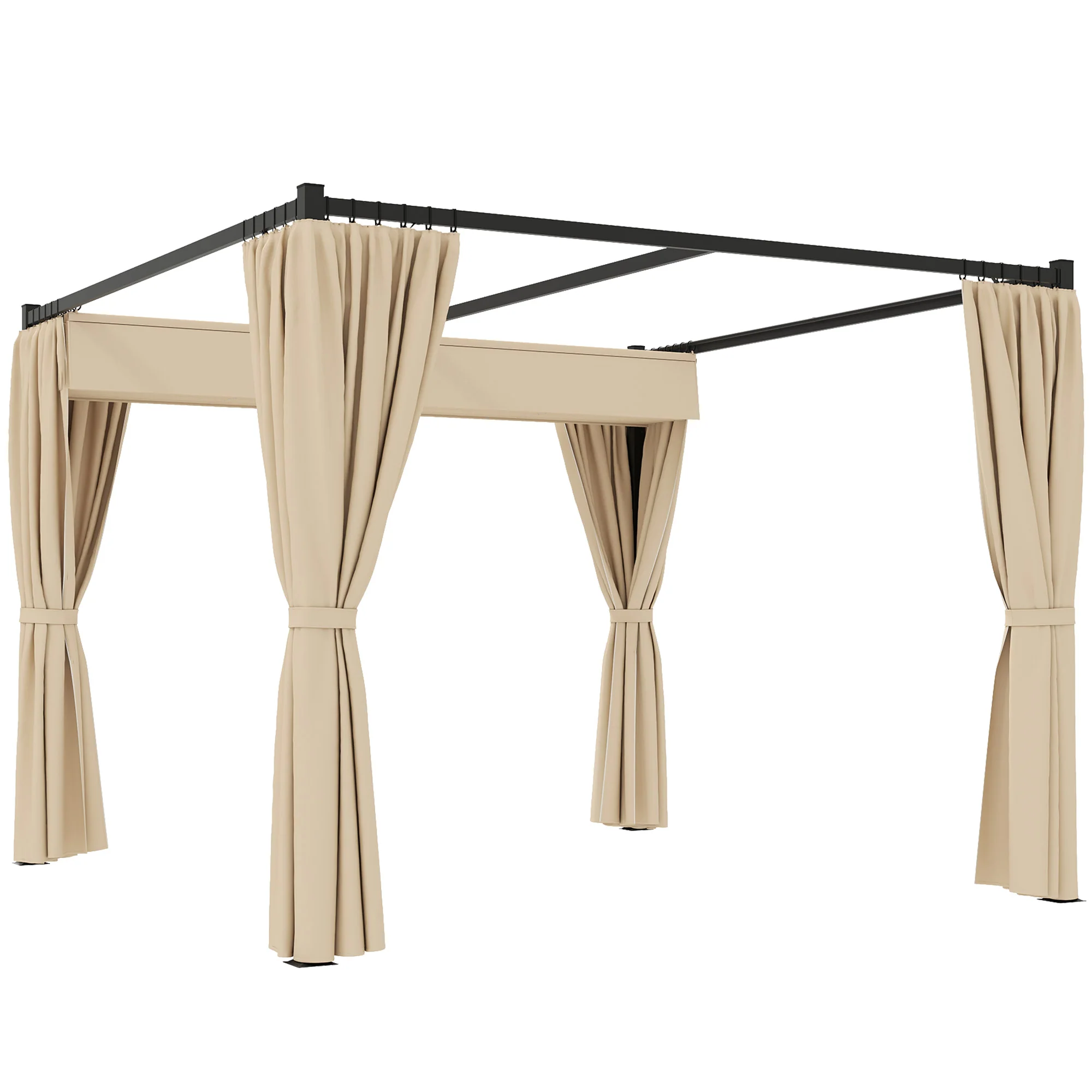 3 x 3m Meta Pergola with Retractable Roof Canopy & Curtains for Patio, Deck, Beige