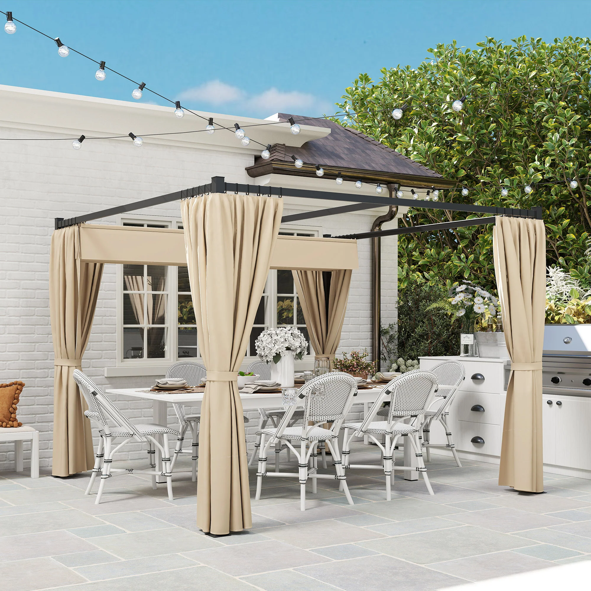 3 x 3m Meta Pergola with Retractable Roof Canopy & Curtains for Patio, Deck, Beige - Image 10