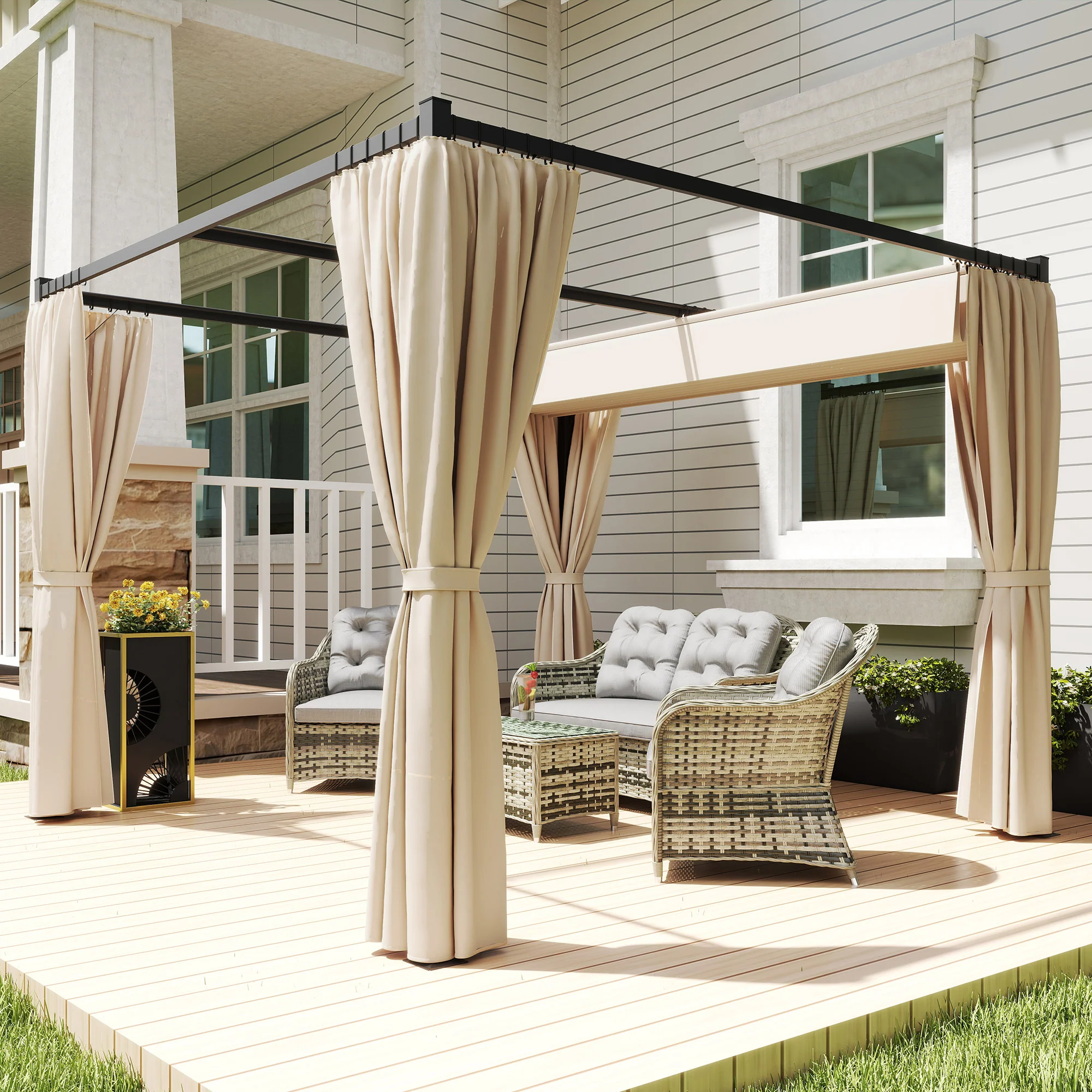 3 x 3m Meta Pergola with Retractable Roof Canopy & Curtains for Patio, Deck, Beige - Image 3