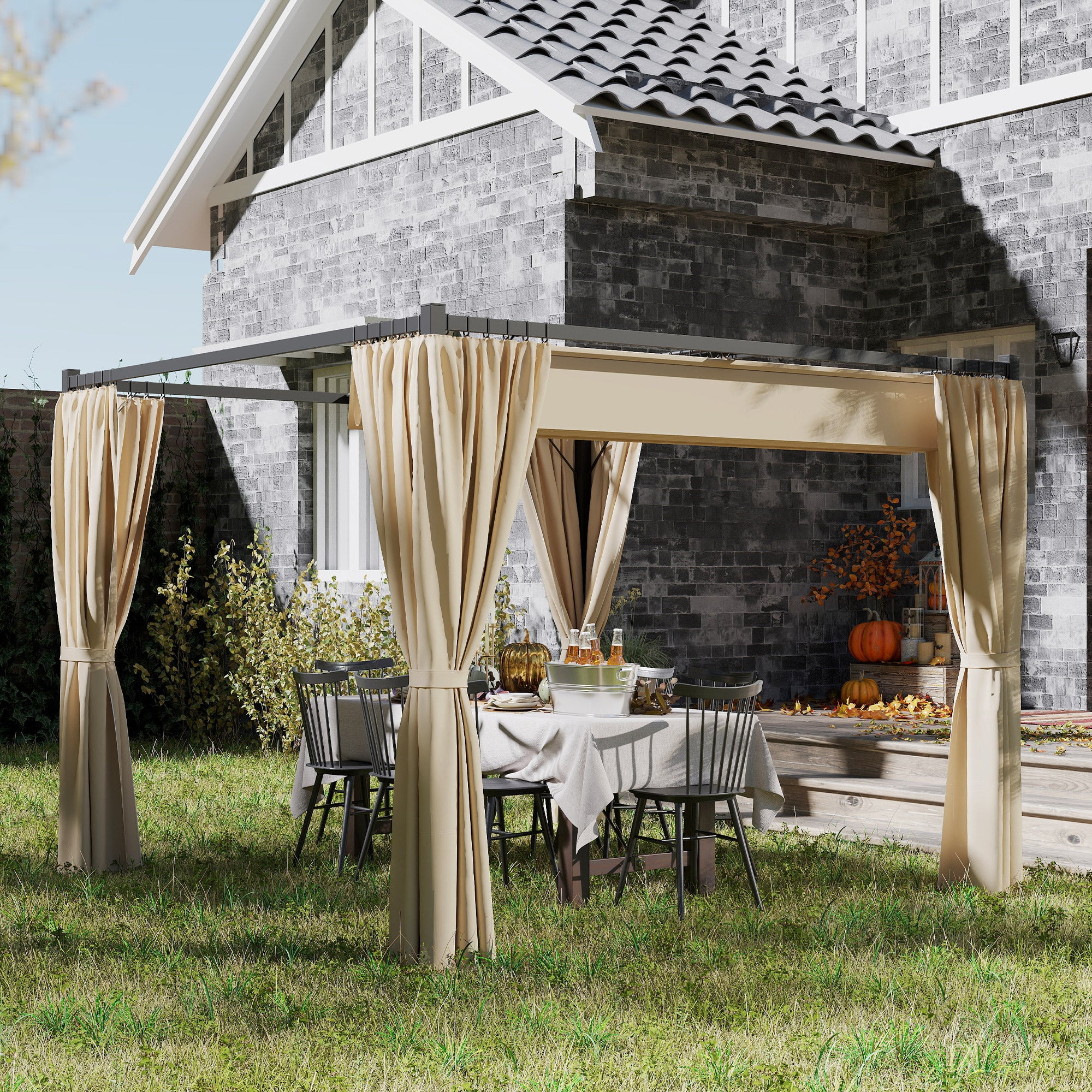 3 x 3m Meta Pergola with Retractable Roof Canopy & Curtains for Patio, Deck, Beige - Image 4