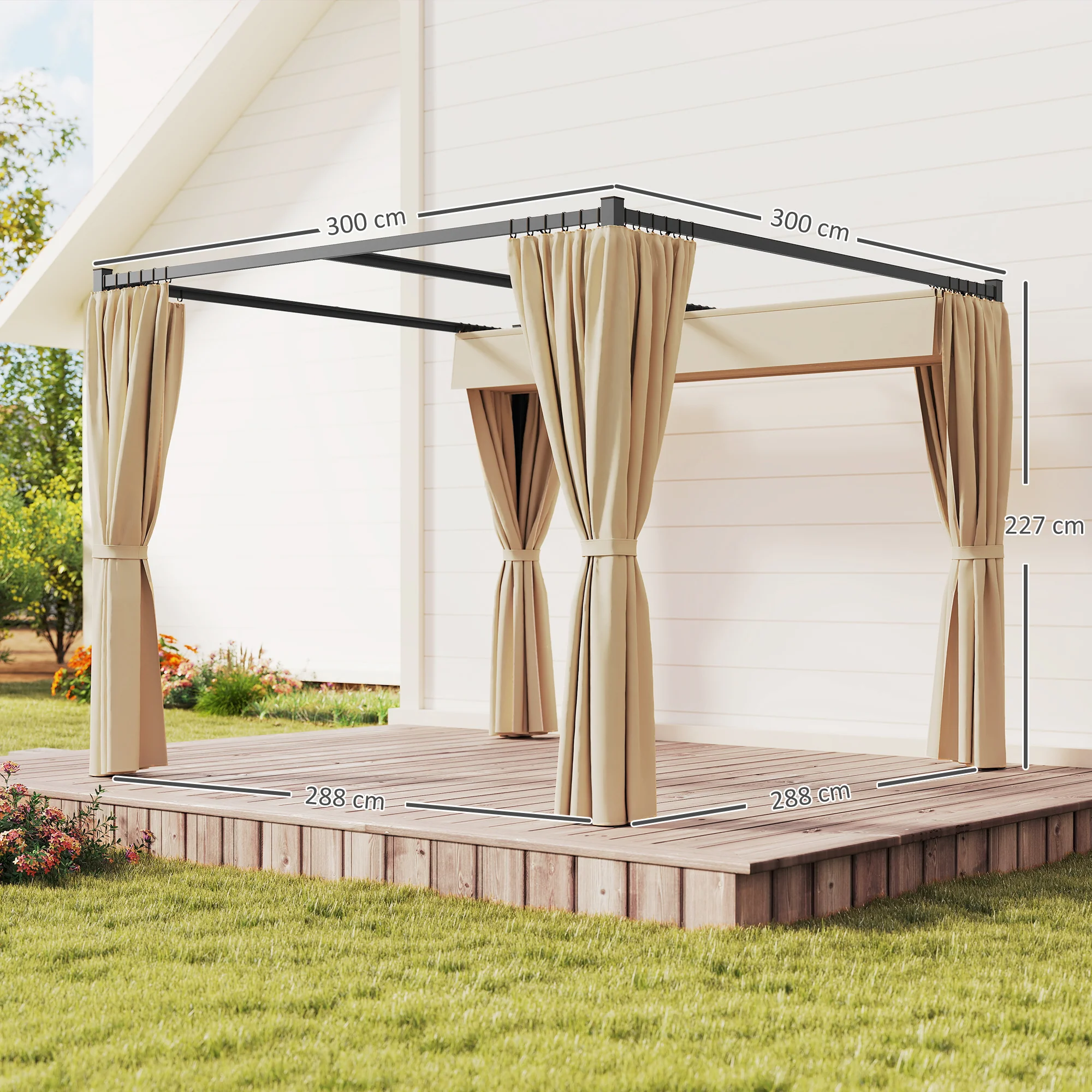 3 x 3m Meta Pergola with Retractable Roof Canopy & Curtains for Patio, Deck, Beige - Image 5