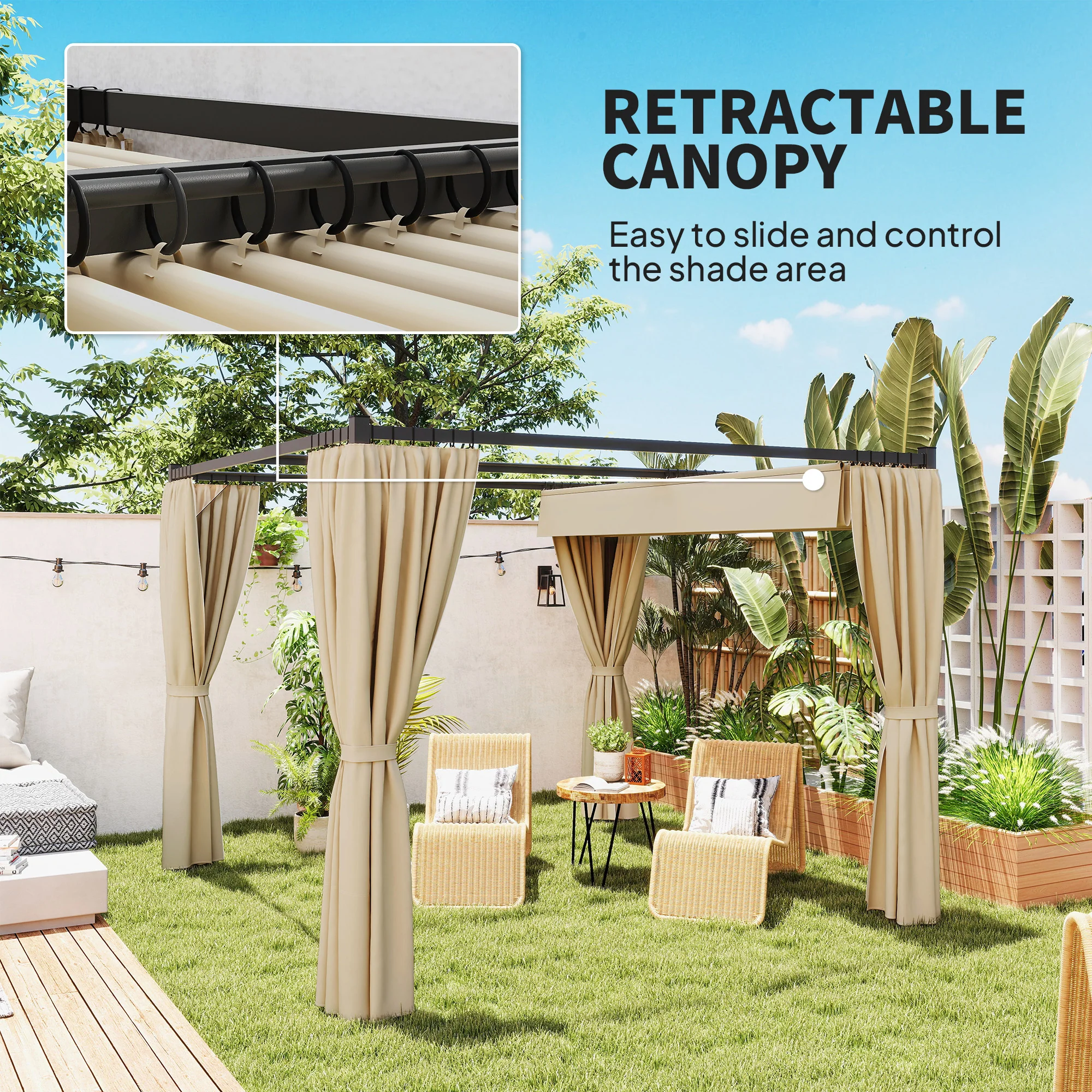 3 x 3m Meta Pergola with Retractable Roof Canopy & Curtains for Patio, Deck, Beige - Image 6