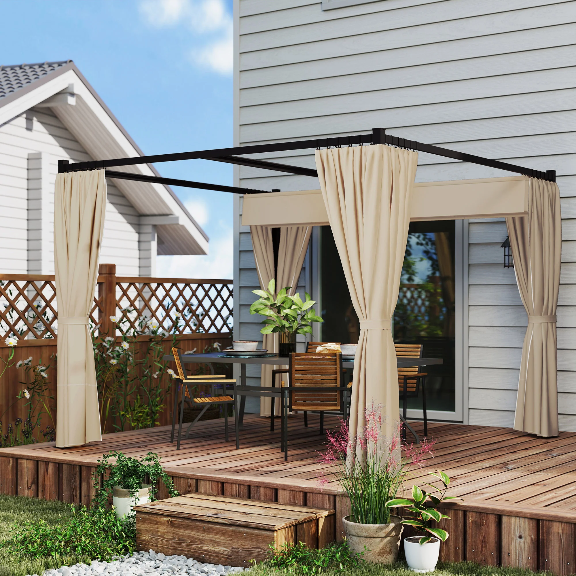 3 x 3m Meta Pergola with Retractable Roof Canopy & Curtains for Patio, Deck, Beige - Image 9