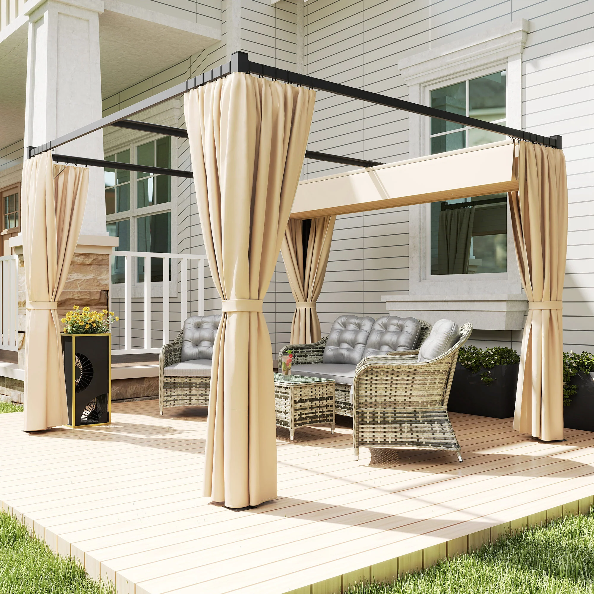 3 x 3m Meta Pergola with Retractable Roof Canopy & Curtains for Patio, Deck, Khaki - Image 3