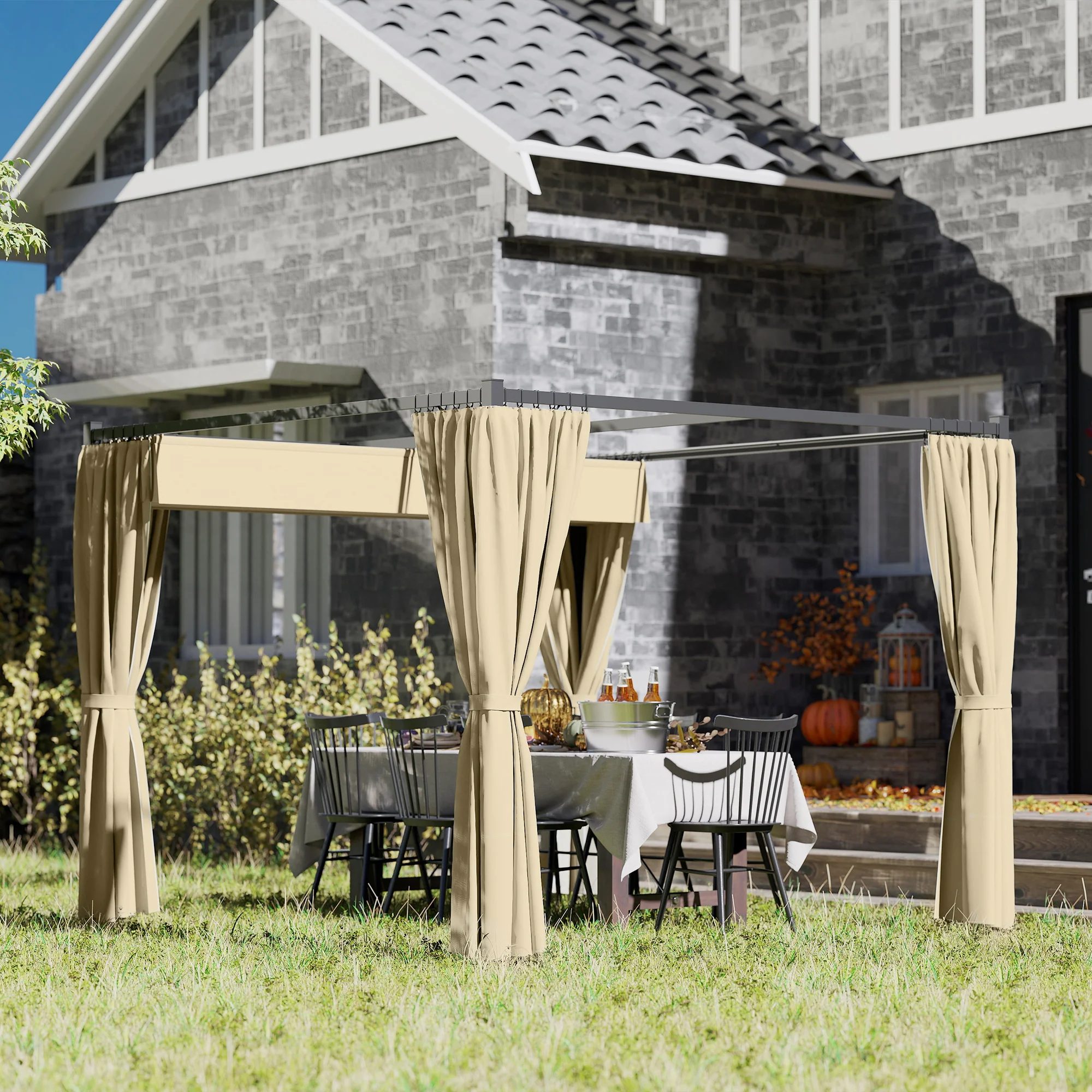 3 x 3m Meta Pergola with Retractable Roof Canopy & Curtains for Patio, Deck, Khaki - Image 4