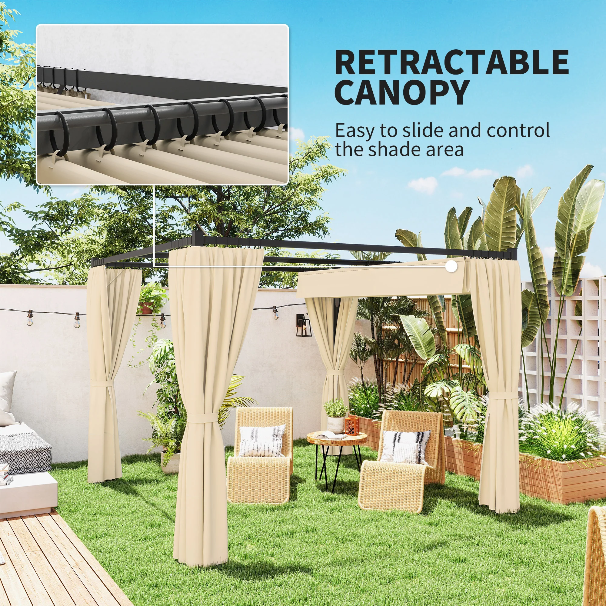 3 x 3m Meta Pergola with Retractable Roof Canopy & Curtains for Patio, Deck, Khaki - Image 6