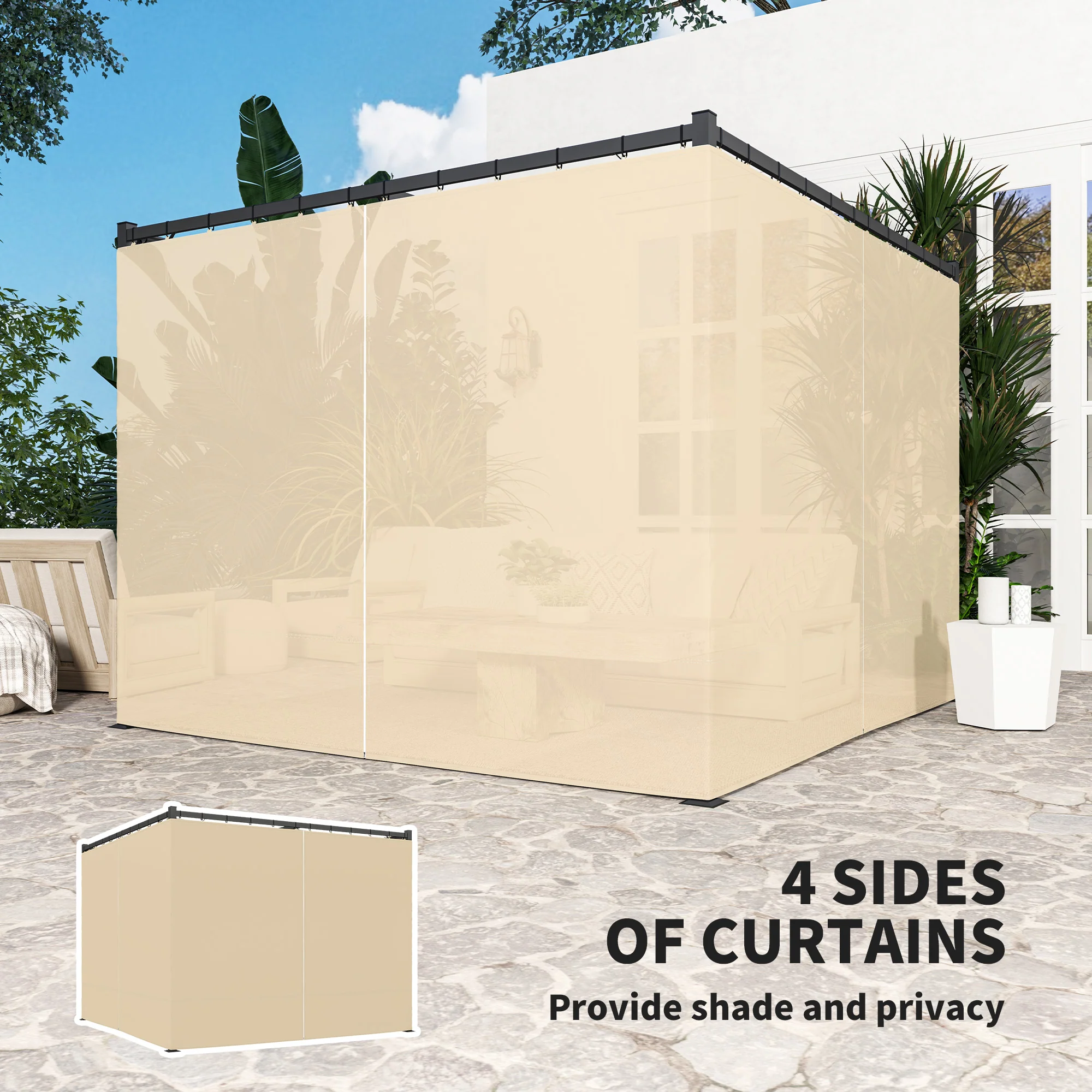3 x 3m Meta Pergola with Retractable Roof Canopy & Curtains for Patio, Deck, Khaki - Image 7