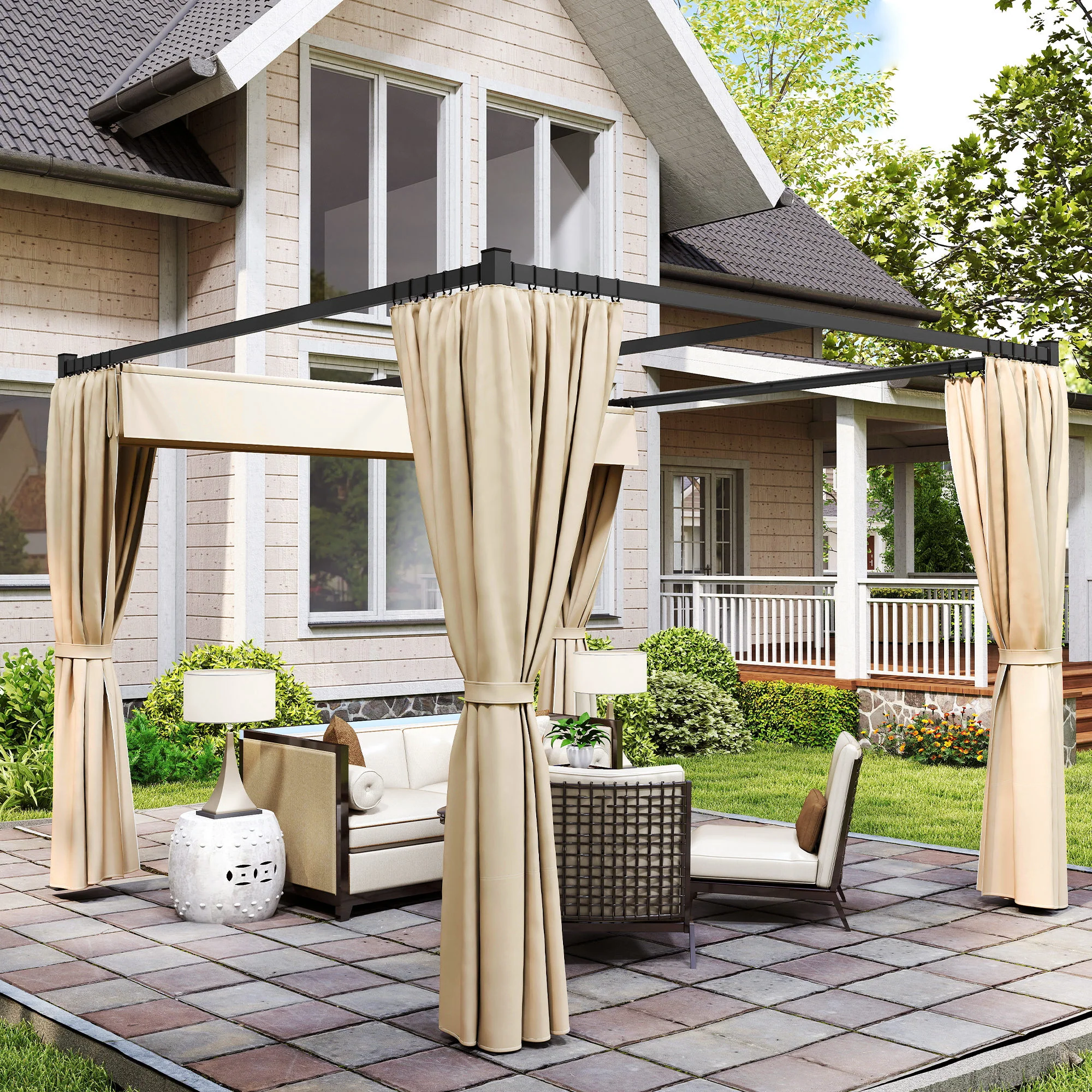 3 x 3m Meta Pergola with Retractable Roof Canopy & Curtains for Patio, Deck, Khaki - Image 9