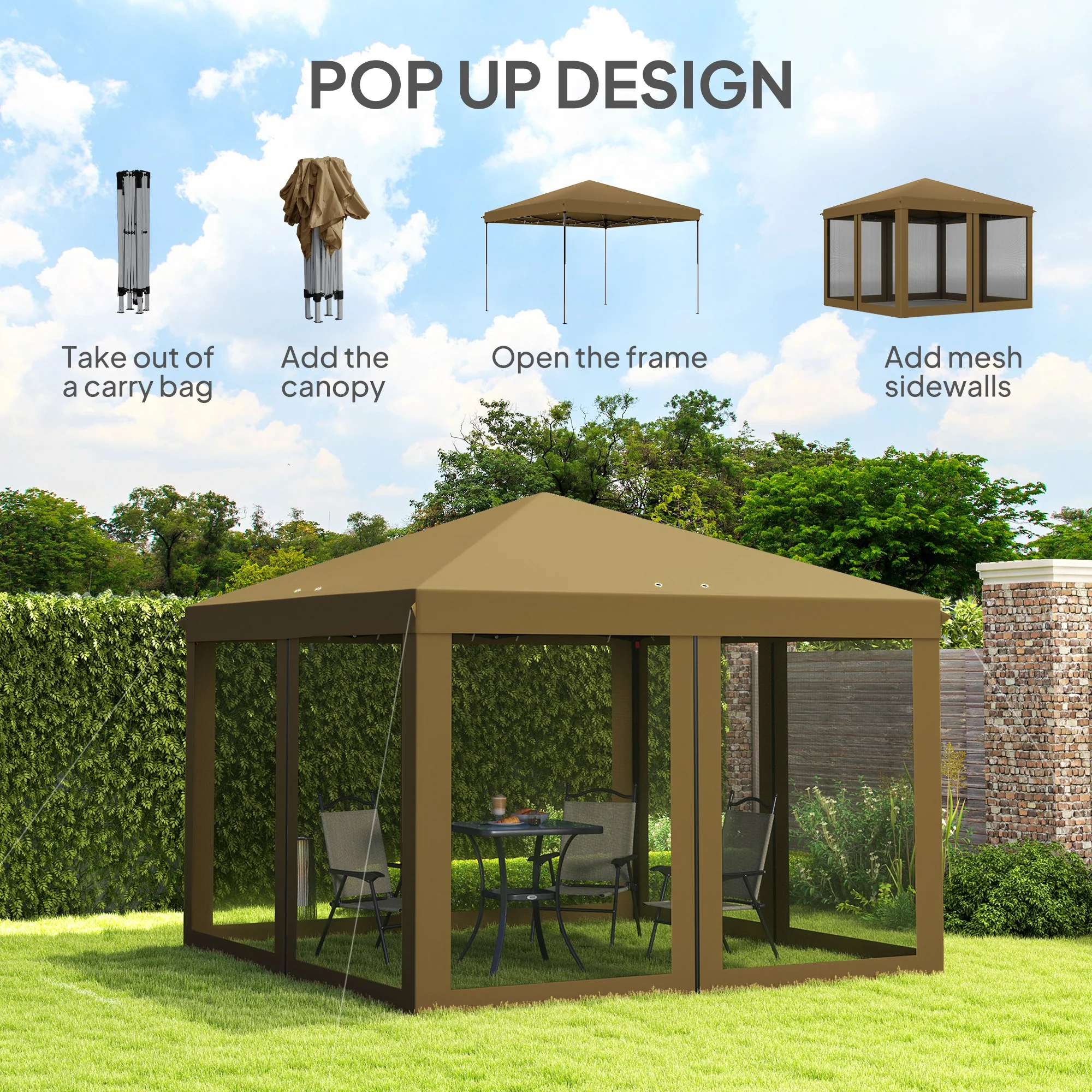 3 x 3m Pop Up Gazebo with Removable Mesh Netting & Carry Bag, Khaki - Image 6