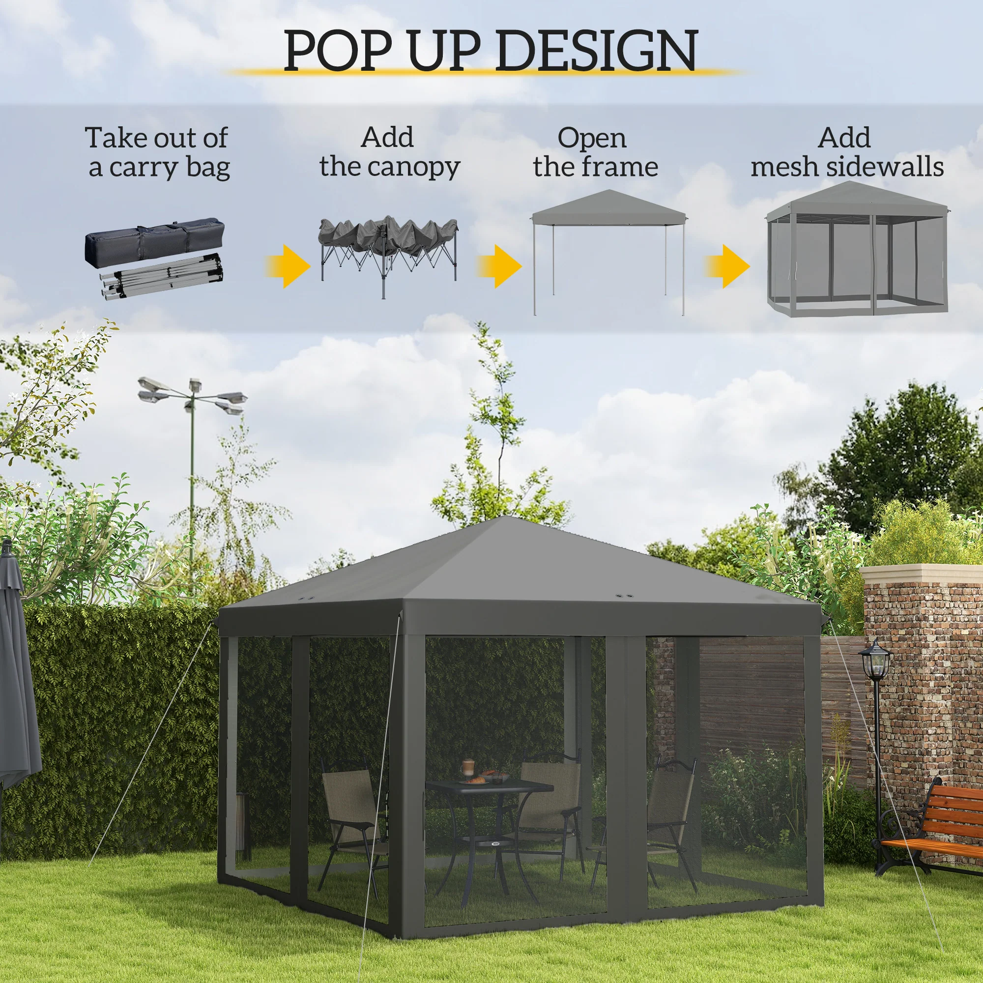 3 x 3m Pop Up Gazebo with Removable Mesh Netting & Carry Bag, Light Grey - Image 6