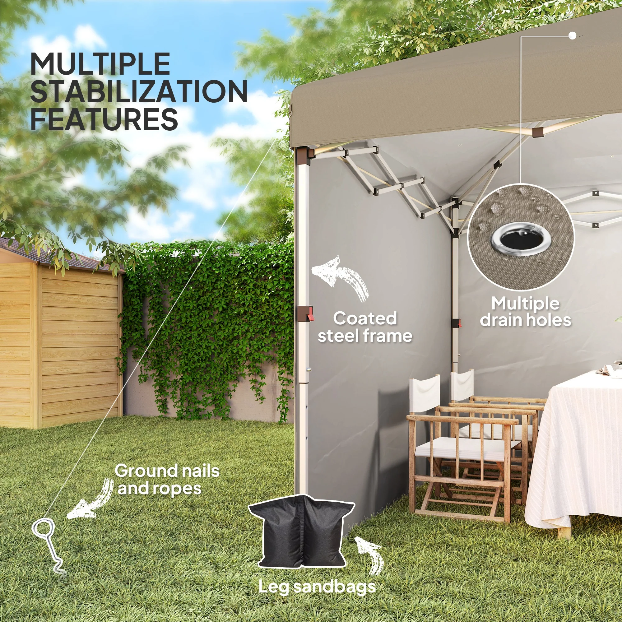 3 x 3m Pop Up Gazebo with 2 Sidewalls, Weight Bags & Wheeled Bag, Khaki - Image 9