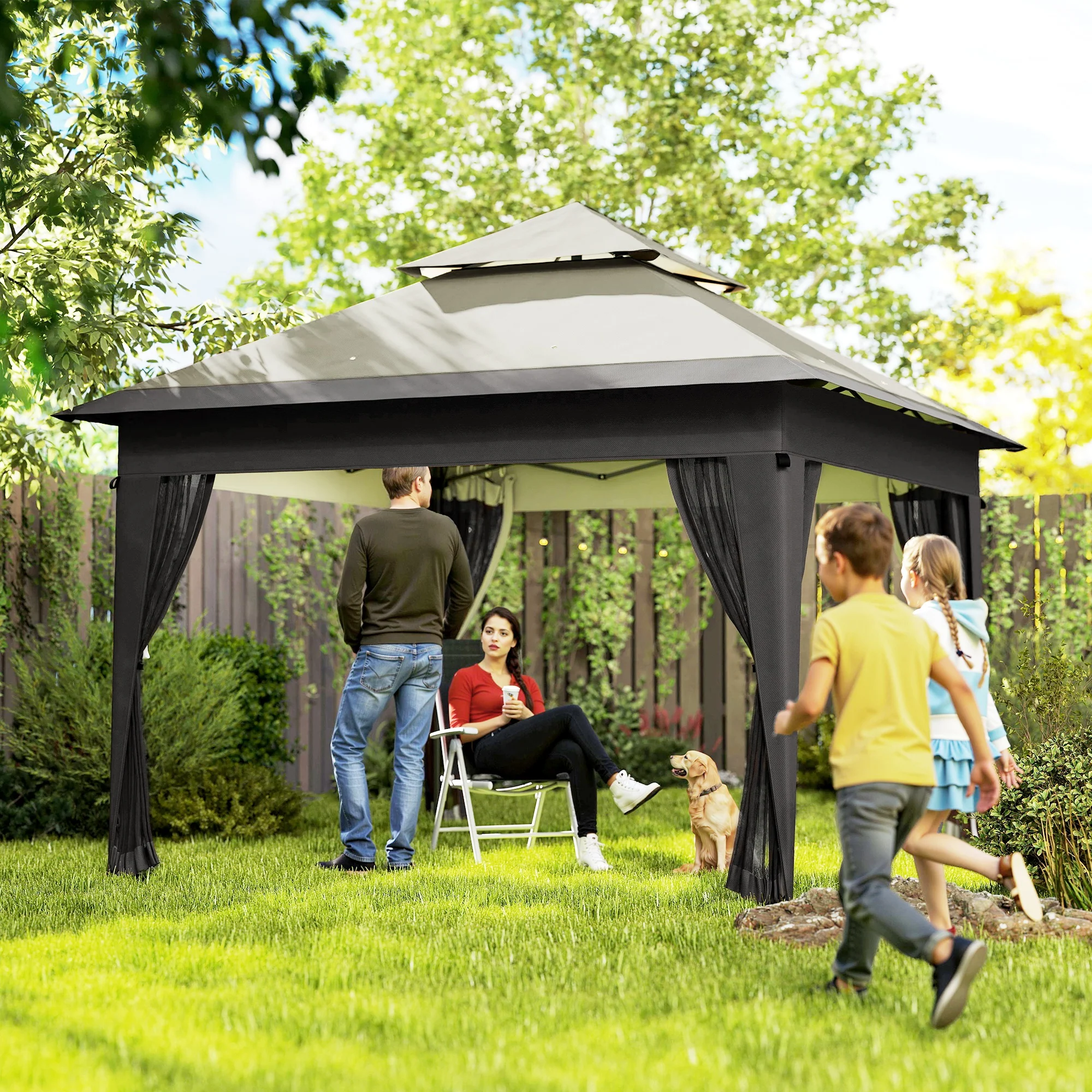 3 x 3m Pop Up Gazebo with Mosquito Netting, Double Roof, Carry Bag & Sandbags, Grey - Image 3