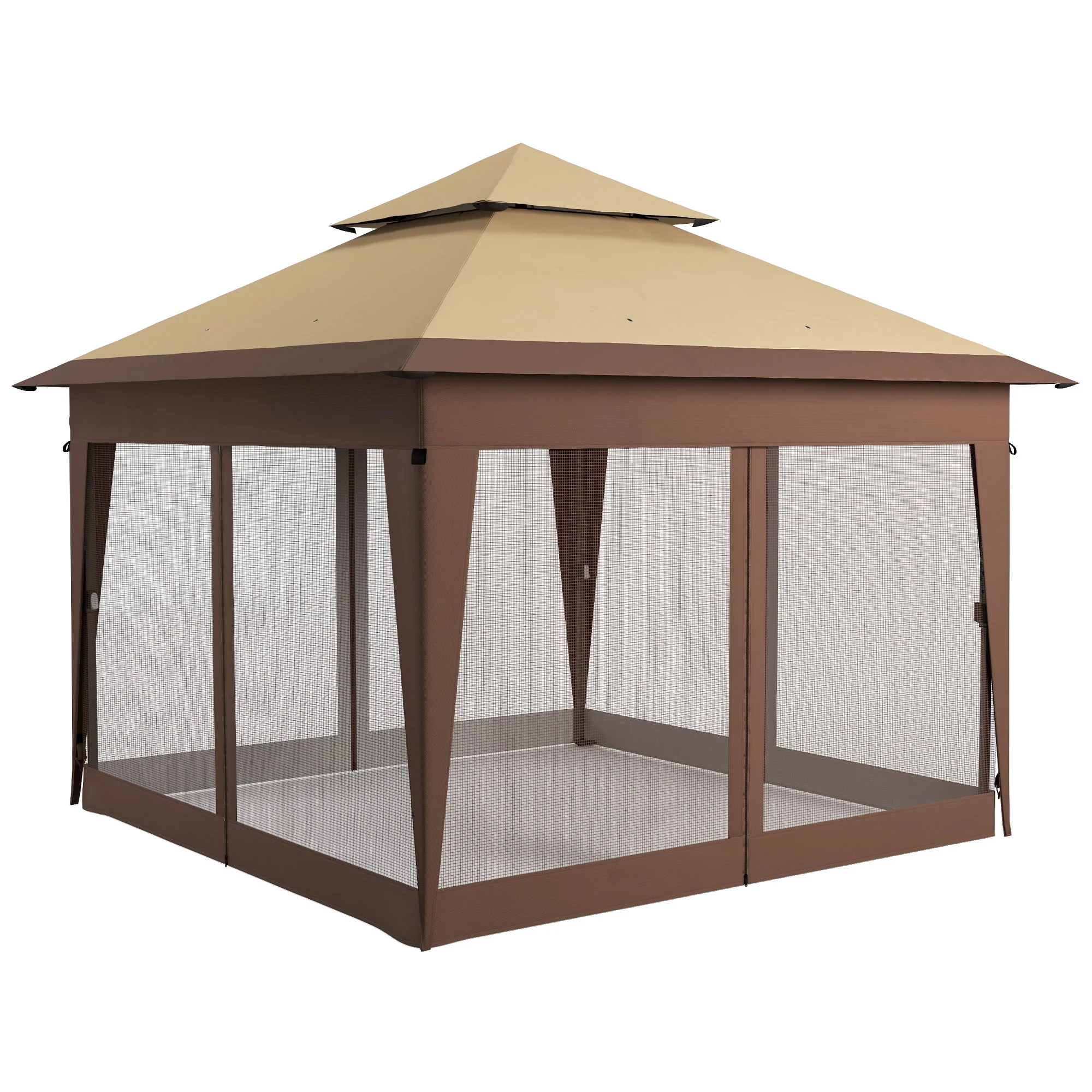 3 x 3m Pop Up Gazebo with Mosquito Netting, Double Roof, Carry Bag & Sandbags, Khaki - Image 2