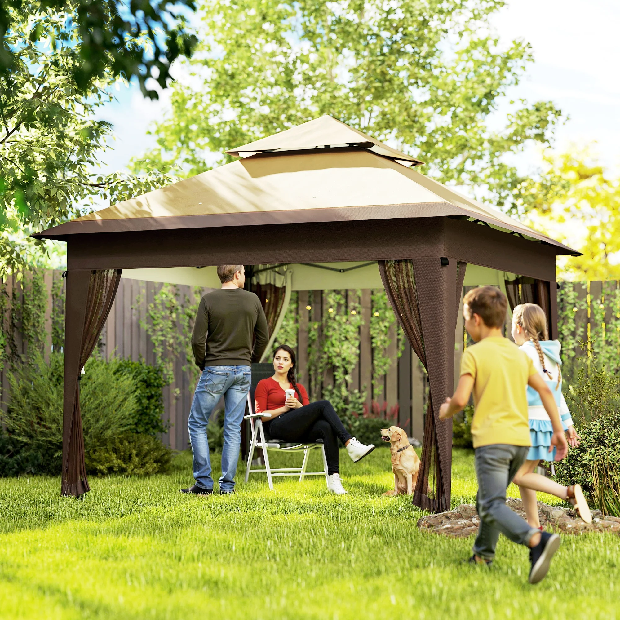 3 x 3m Pop Up Gazebo with Mosquito Netting, Double Roof, Carry Bag & Sandbags, Khaki - Image 3