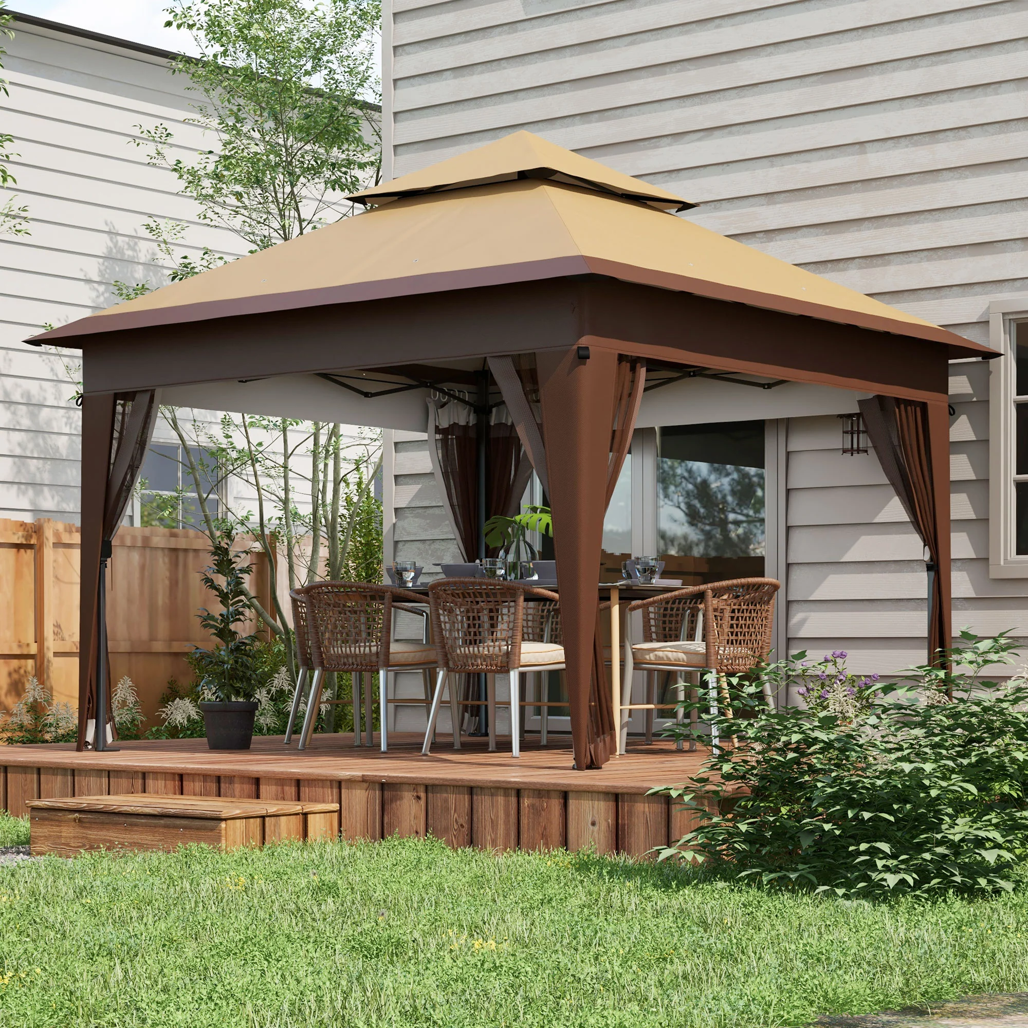 3 x 3m Pop Up Gazebo with Mosquito Netting, Double Roof, Carry Bag & Sandbags, Khaki - Image 4