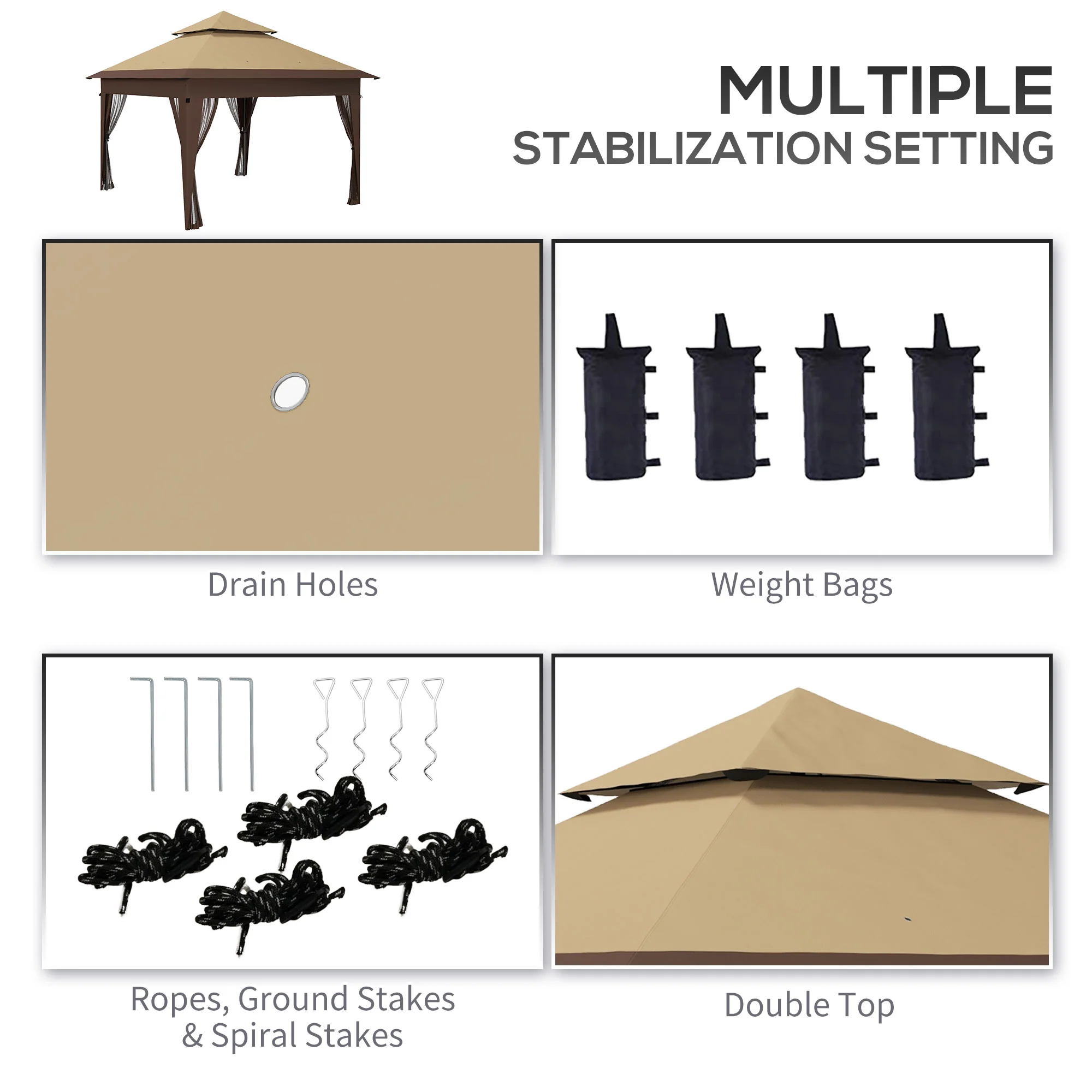 3 x 3m Pop Up Gazebo with Mosquito Netting, Double Roof, Carry Bag & Sandbags, Khaki - Image 8